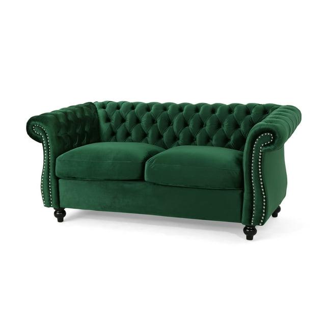 Noble House Aaniya Velvet Tufted Chesterfield Loveseat Sofa, Emerald