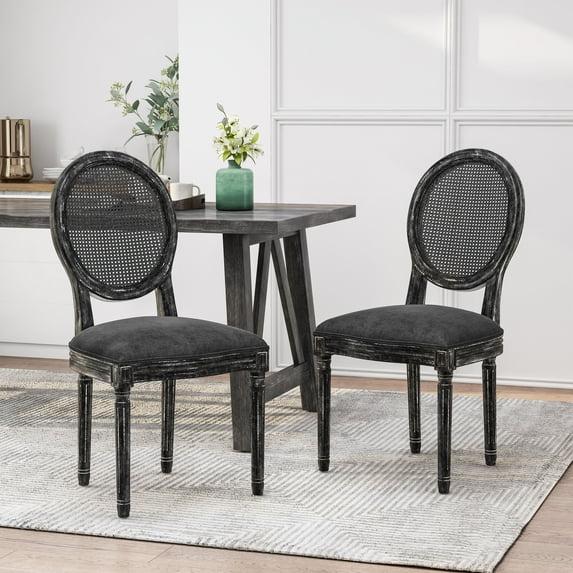 Noble House Acorn French Wood and Cane Upholstered Dining Chair, Set of 2, Gray