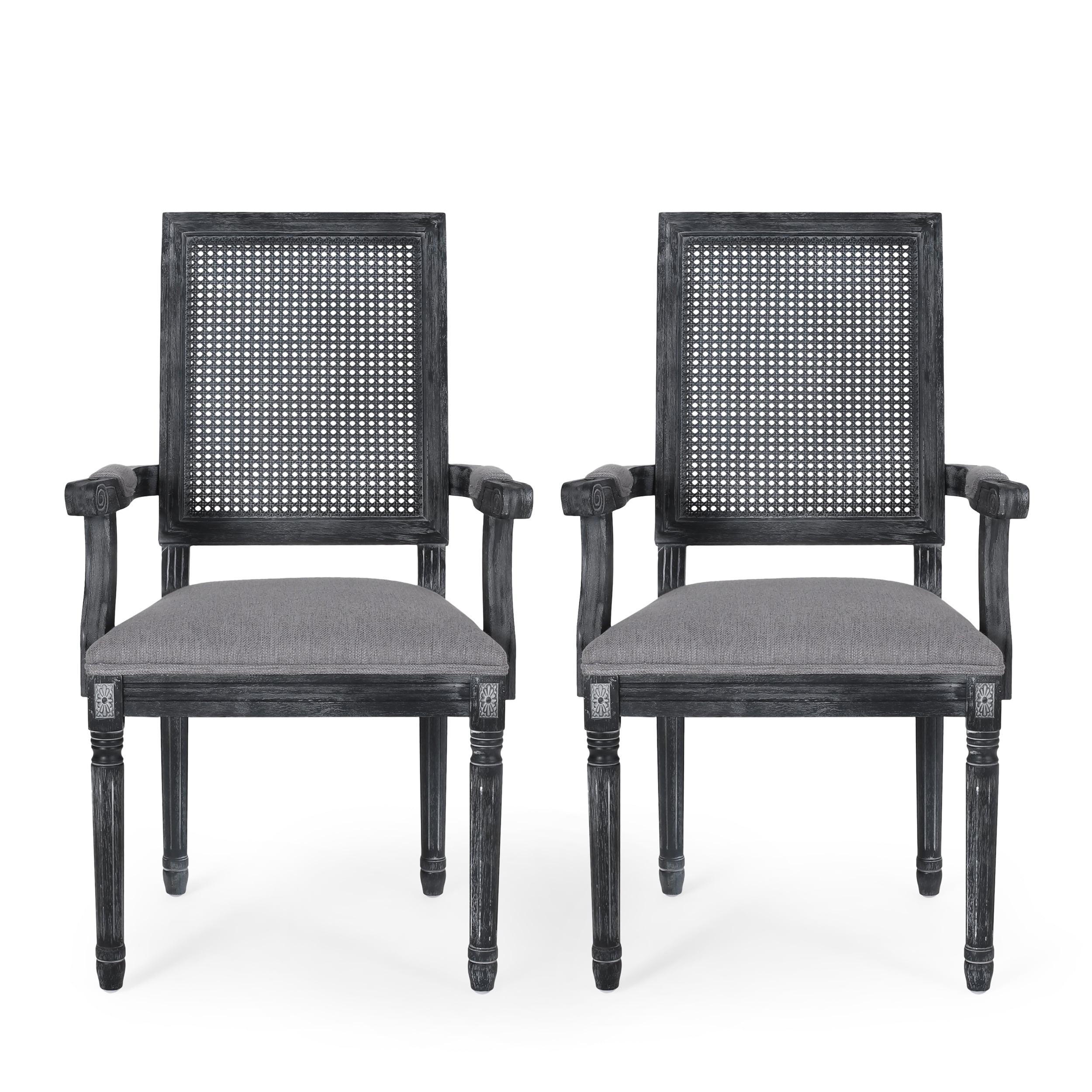 Elegant Gray Fabric Upholstered High-Back Arm Chair with Cane Detail, Set of 2