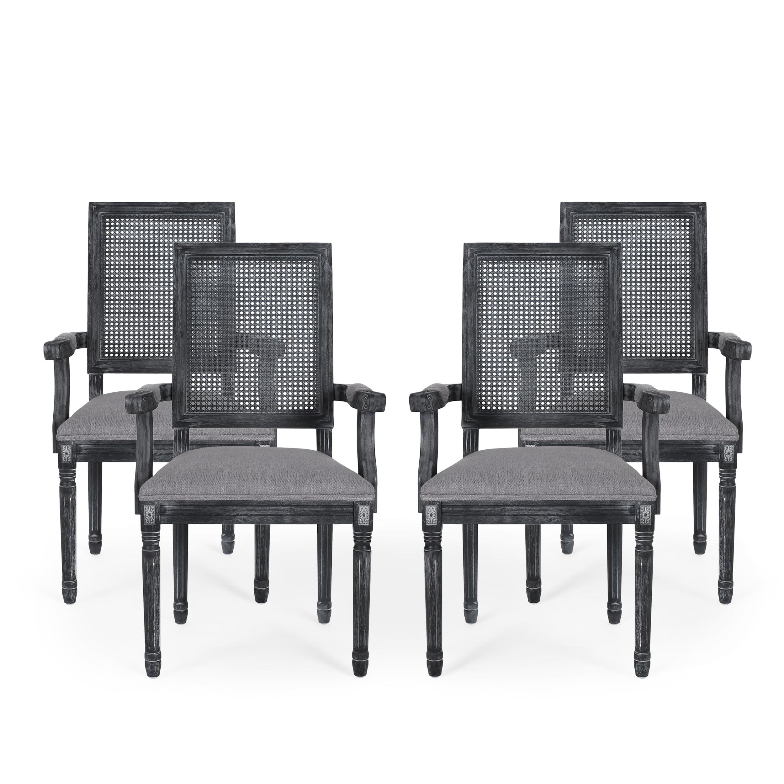 French Country Wood and Cane Gray Upholstered Arm Chair (Set of 4)