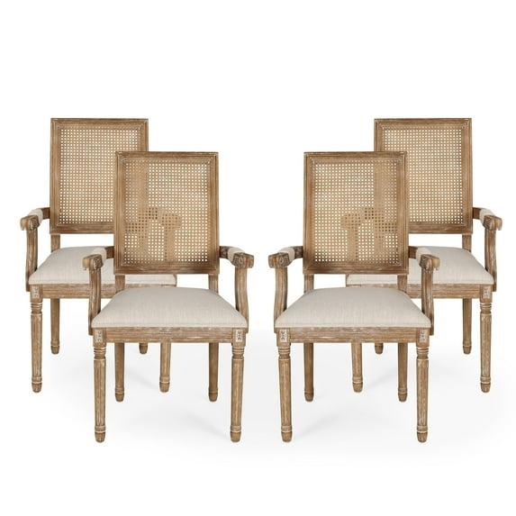 Noble House Aisenbrey Indoor Wood and Cane Upholstered Dining Chair, Set of 4, Beige and Natural