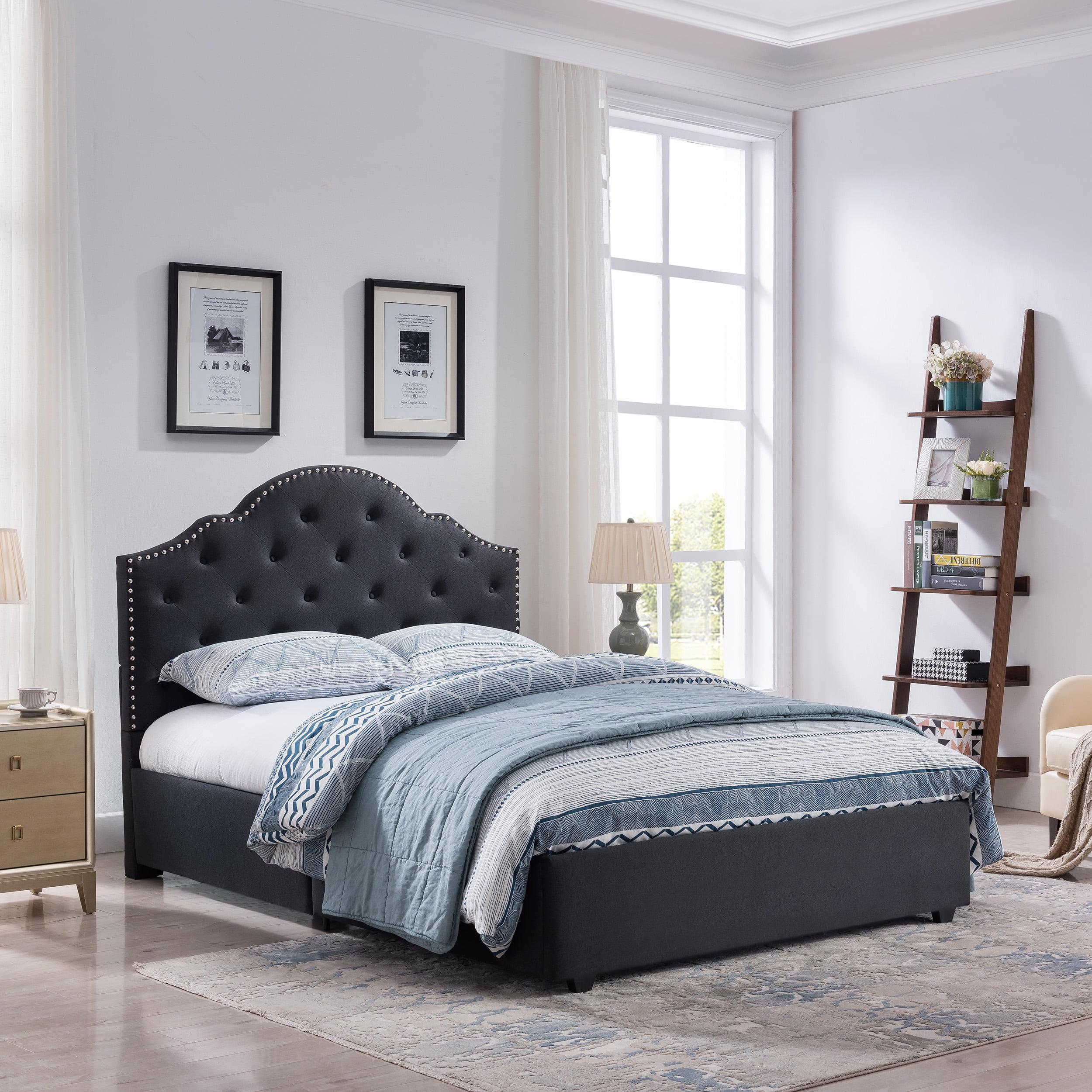 Noble House Allyssa Contemporary Fabric Button-Tufted Upholstered Queen Bed Frame with Nailhead Accents, Black