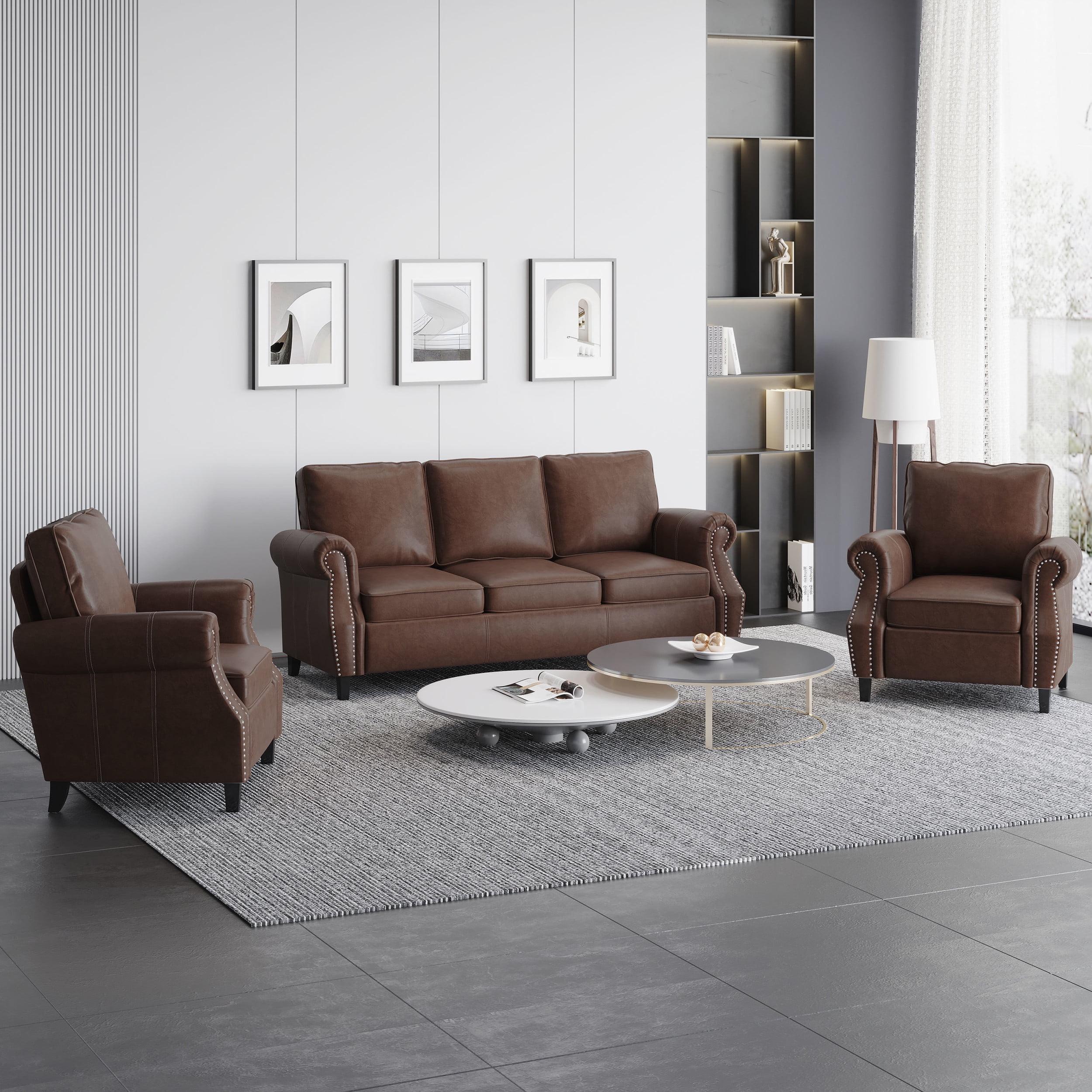 Amedou Dark Brown Faux Leather 3-Piece Sofa and Club Chair Set