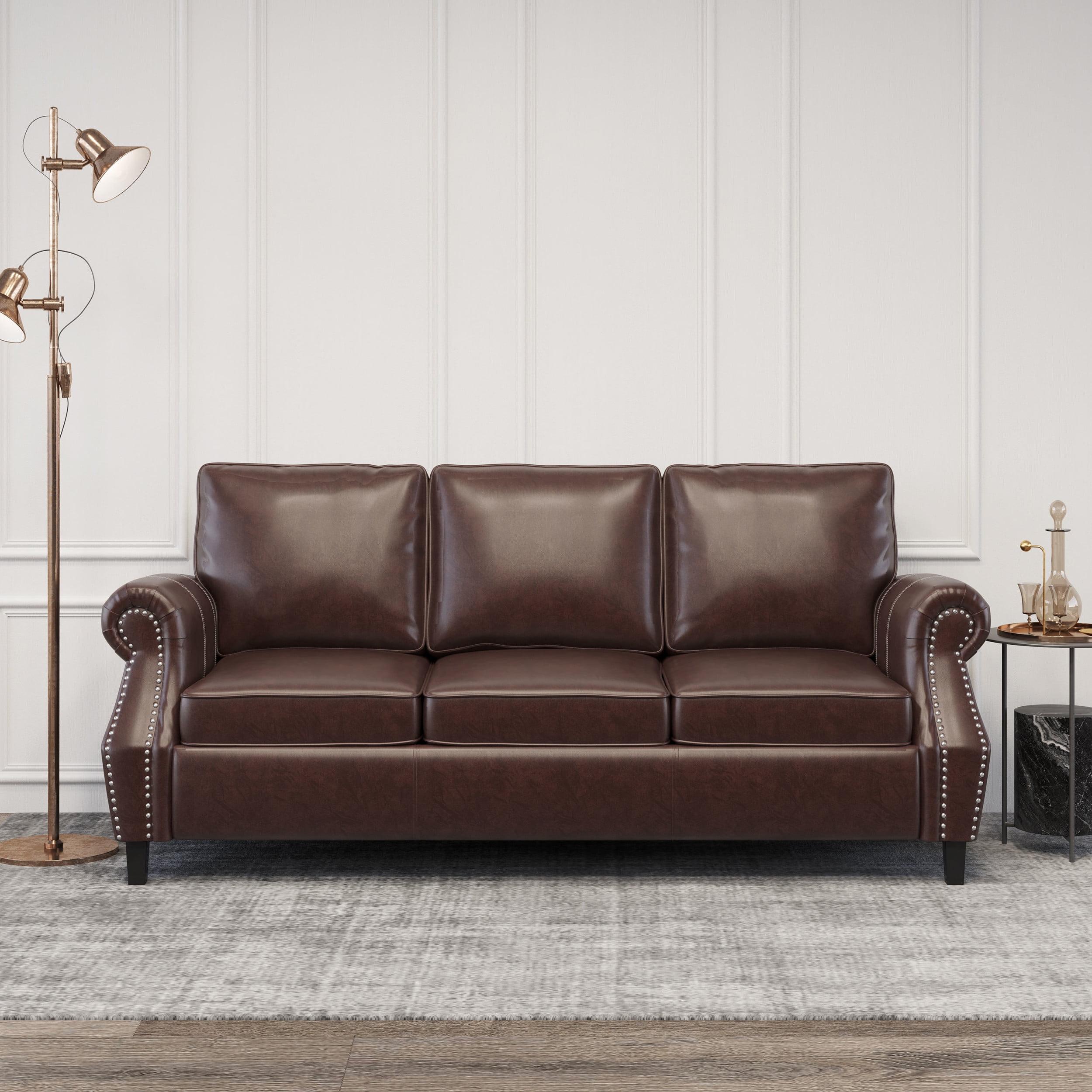 Dark Brown Faux Leather Lawson Sofa with Nailhead Trim