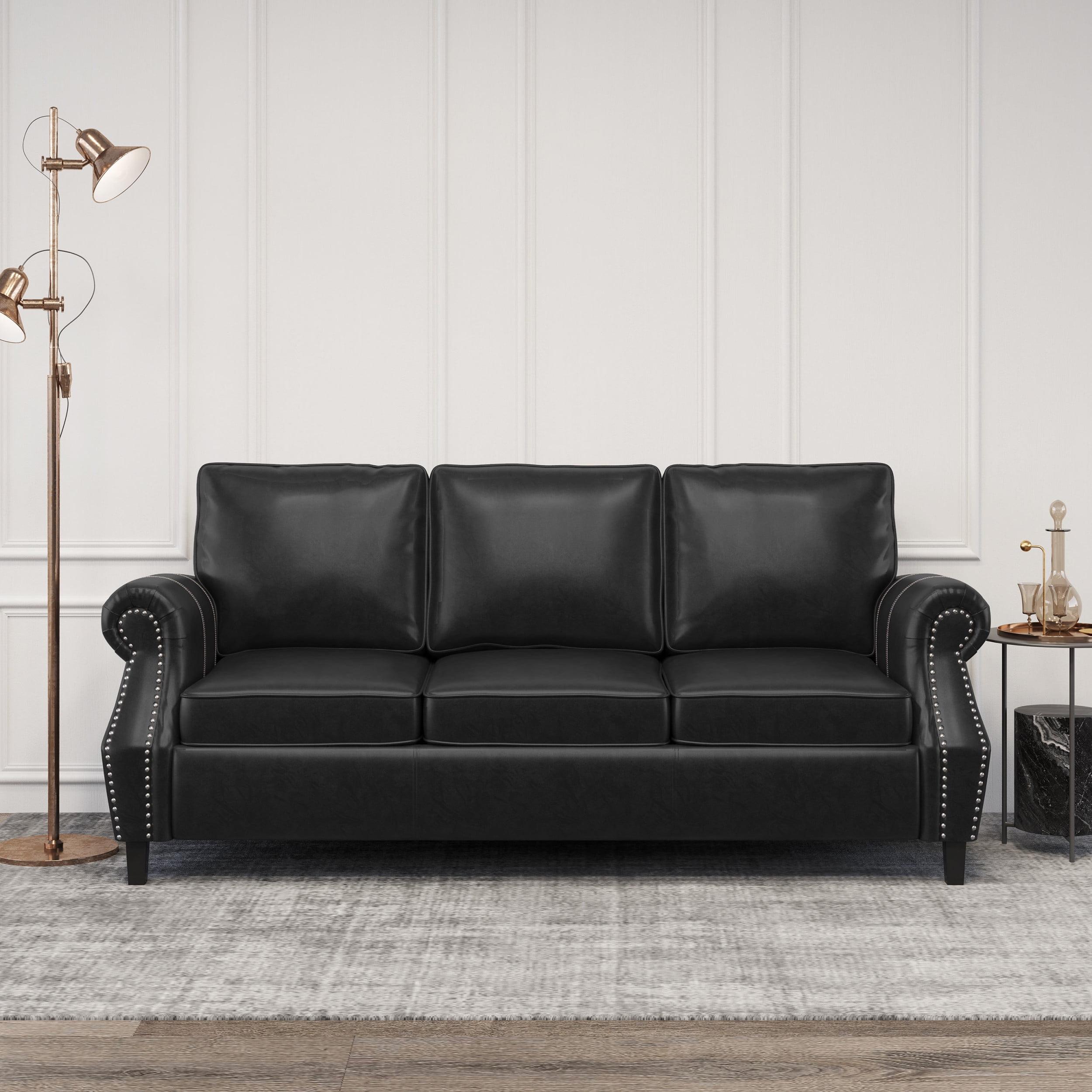 Midnight Black and Dark Brown Faux Leather Lawson Sofa with Nailhead Trim