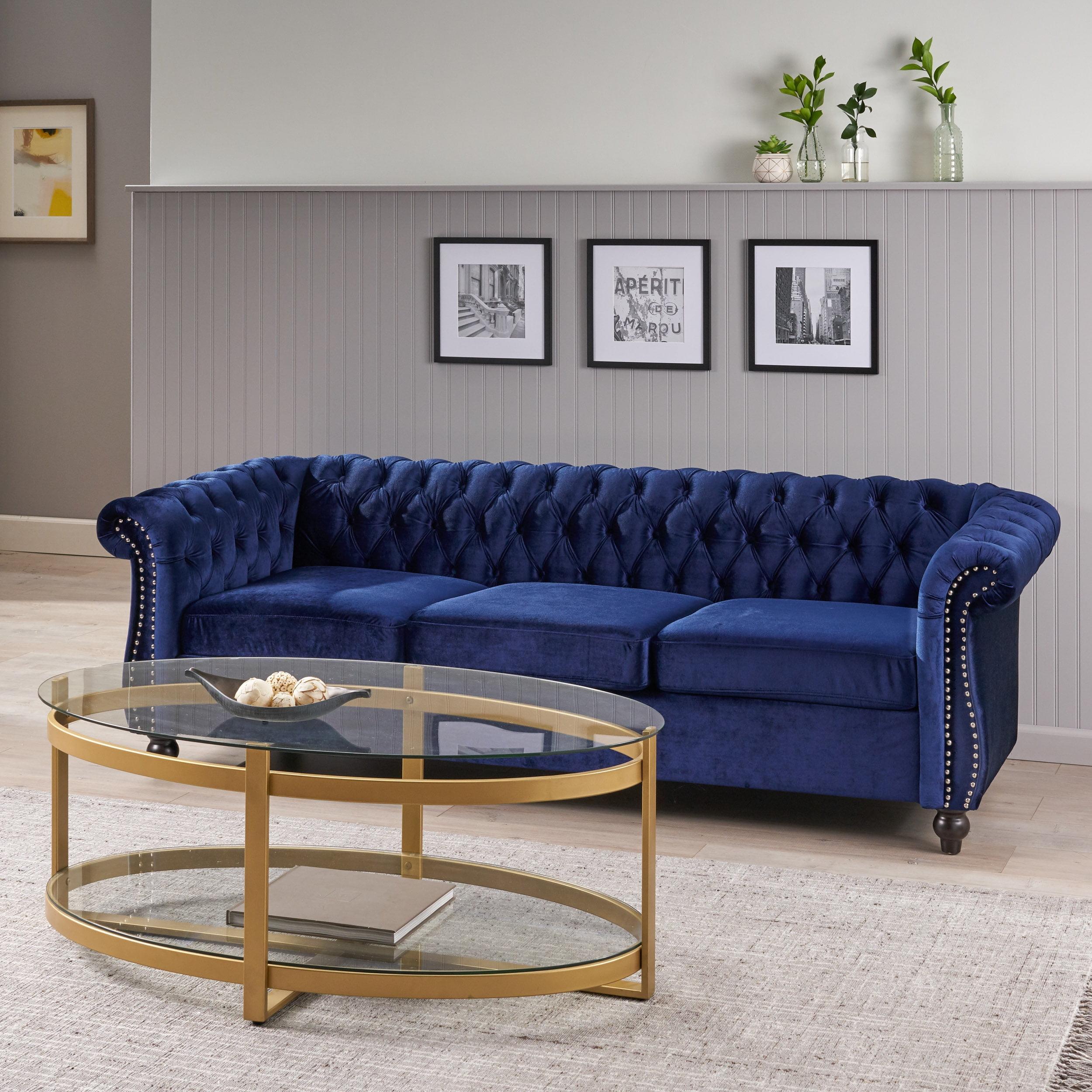 Midnight Blue Velvet Chesterfield Sofa with Dark Brown Birch Legs