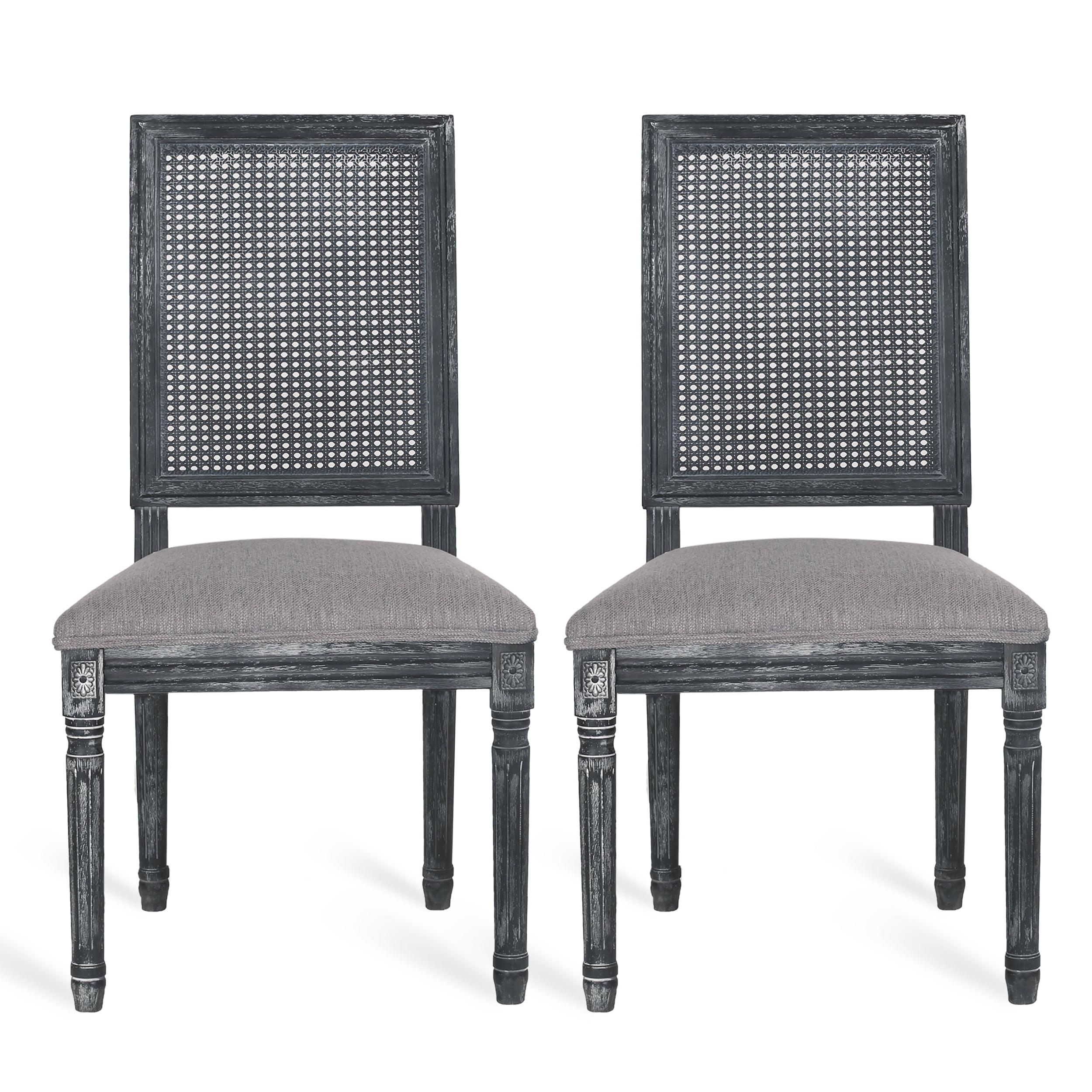 Gray Upholstered Cane Back Wood Side Chair Set