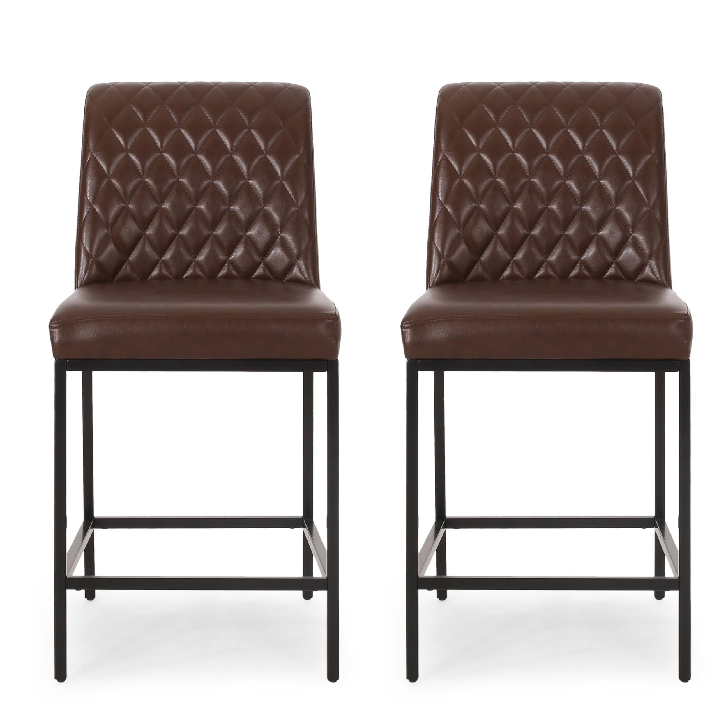 Refined Dark Brown Faux Leather Counter Stools with Diamond Stitch, Set of 2