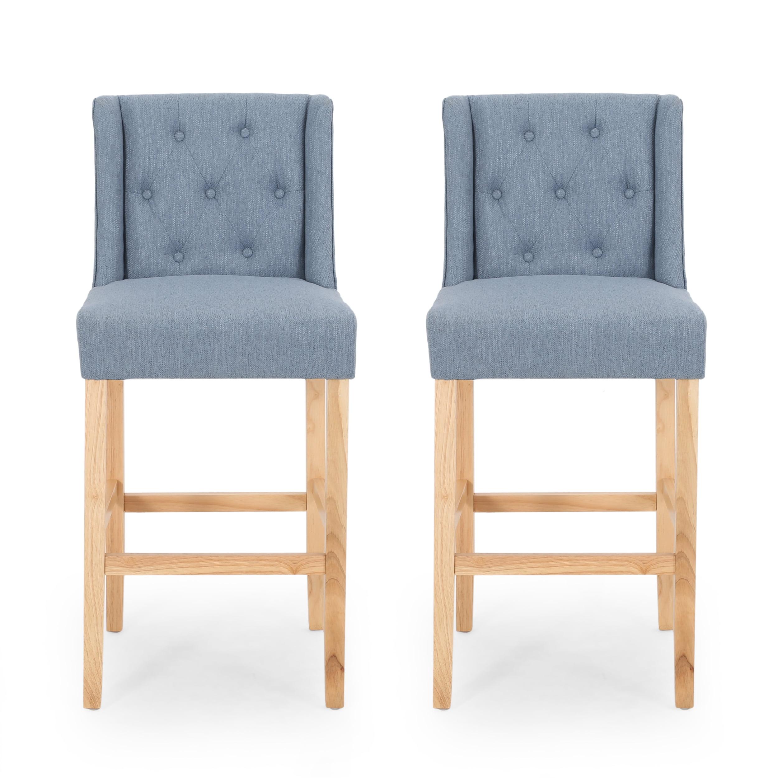 Light Blue Button Tufted Wingback Bar Stools with Natural Wood Legs, Set of 2