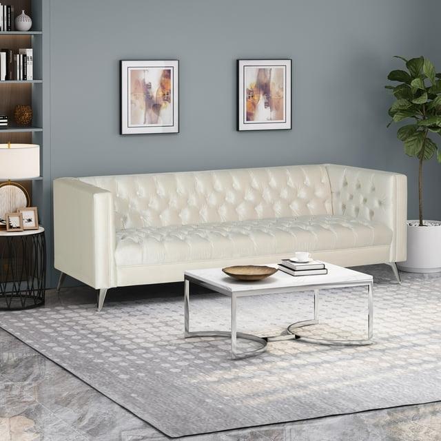 Noble House Camden Tufted Velvet Sofa, Beige, Silver