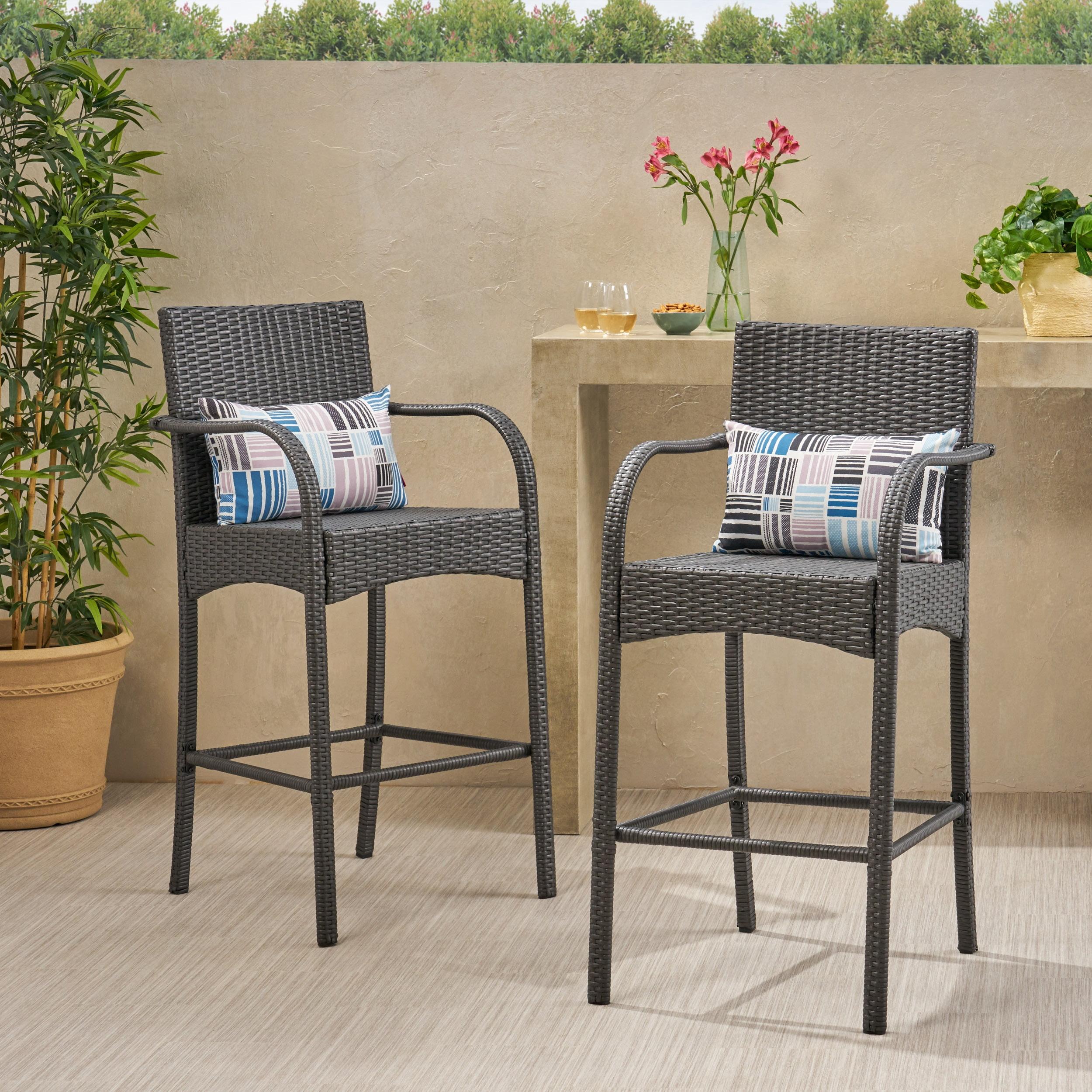 Sleek Grey Iron and Wicker 30" Outdoor Barstool Set