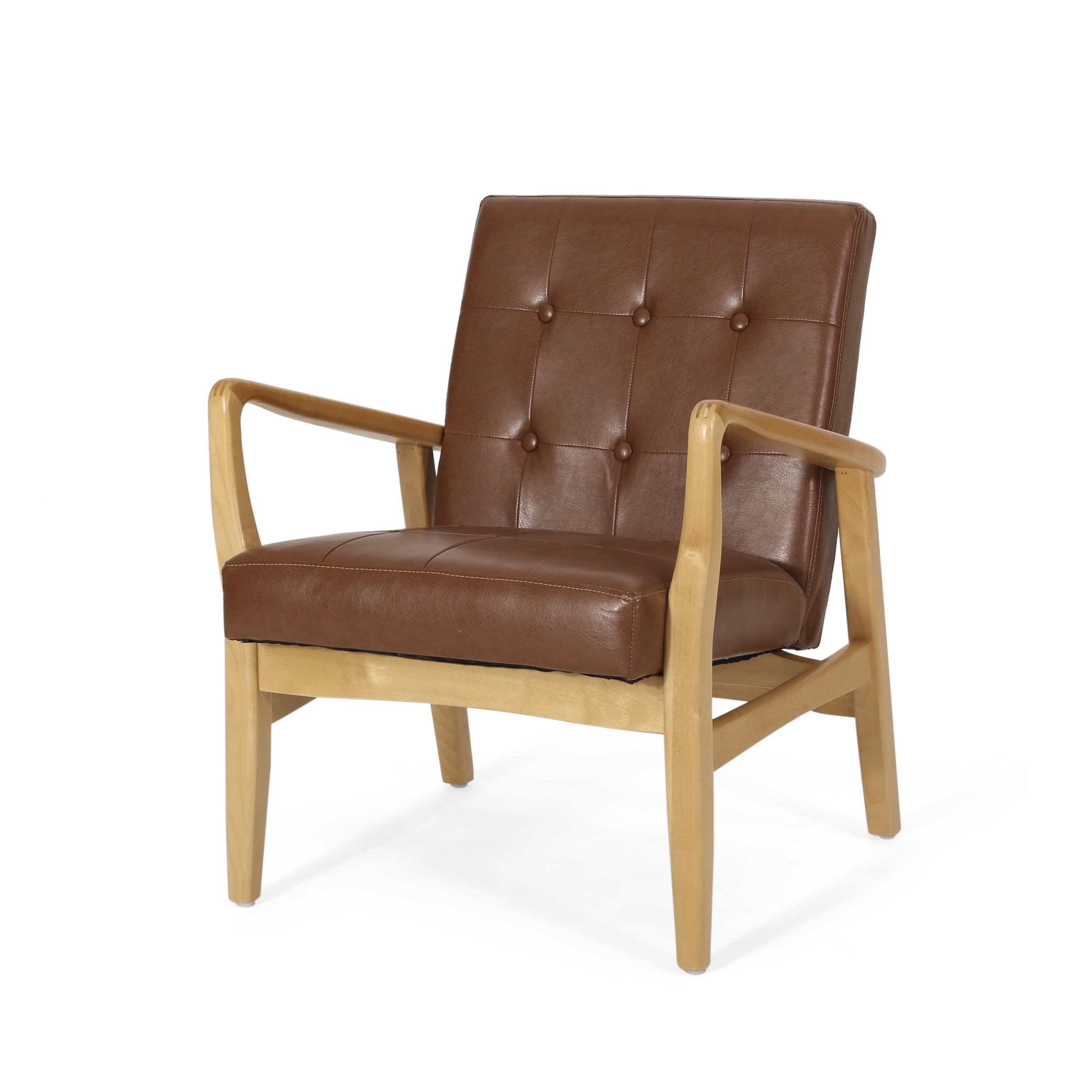 Cognac Brown Faux Leather and Walnut Wood Handcrafted Accent Chair