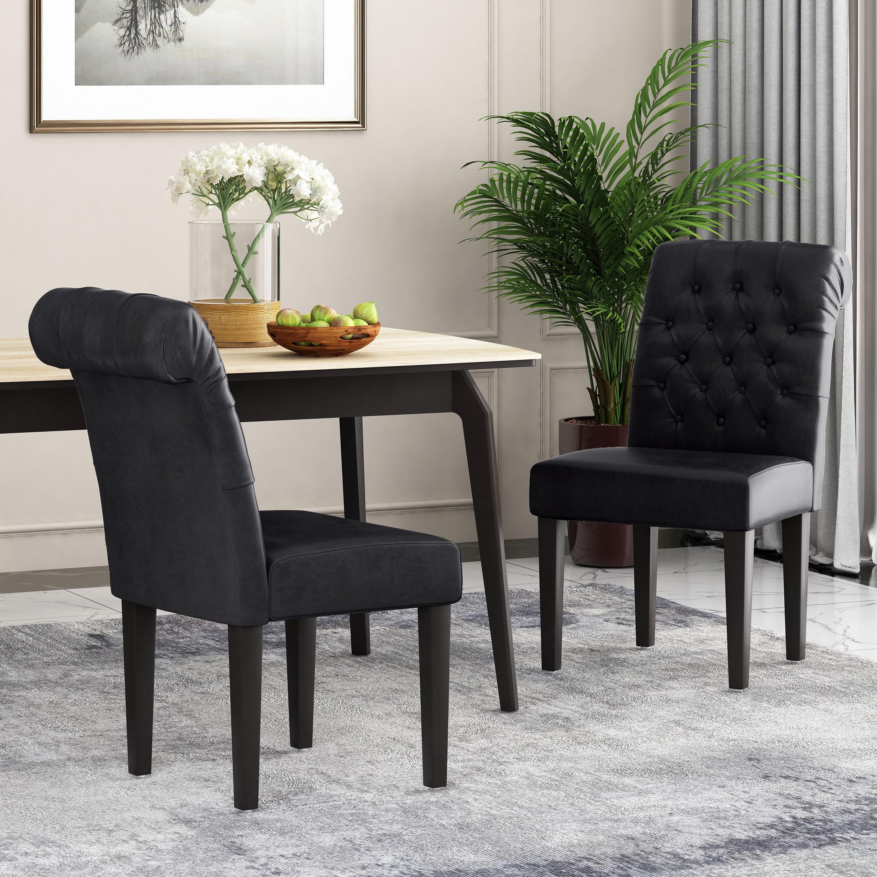 Midnight Black Faux Leather Tufted Dining Side Chairs, Set of 2