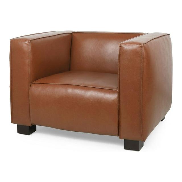 Noble House Denison Faux Leather Club Chair, Cognac Brown and Dark Walnut