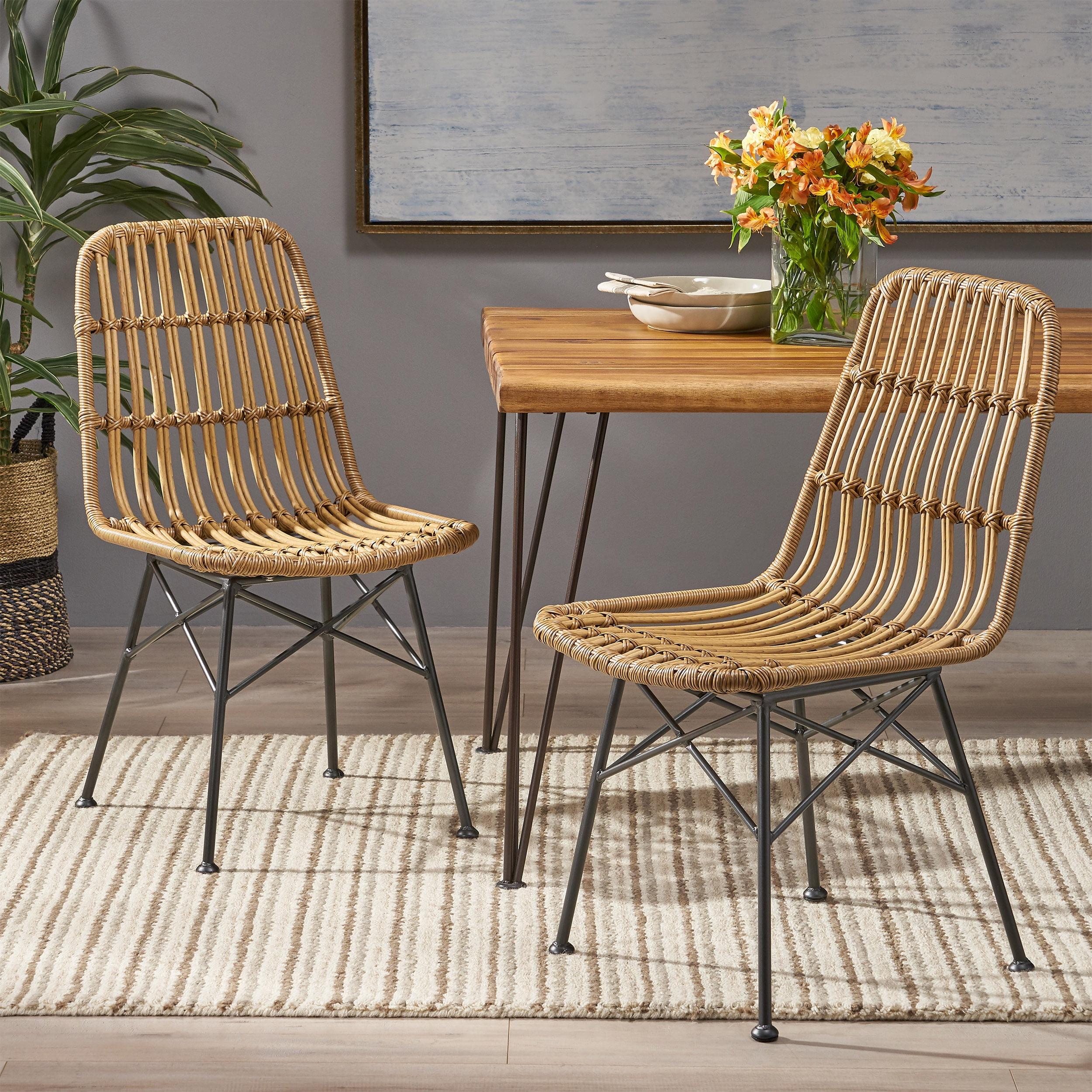 Noble House Dimitri Indoor Modern Wicker Dining Chairs, Set of 2, Light Brown,Black