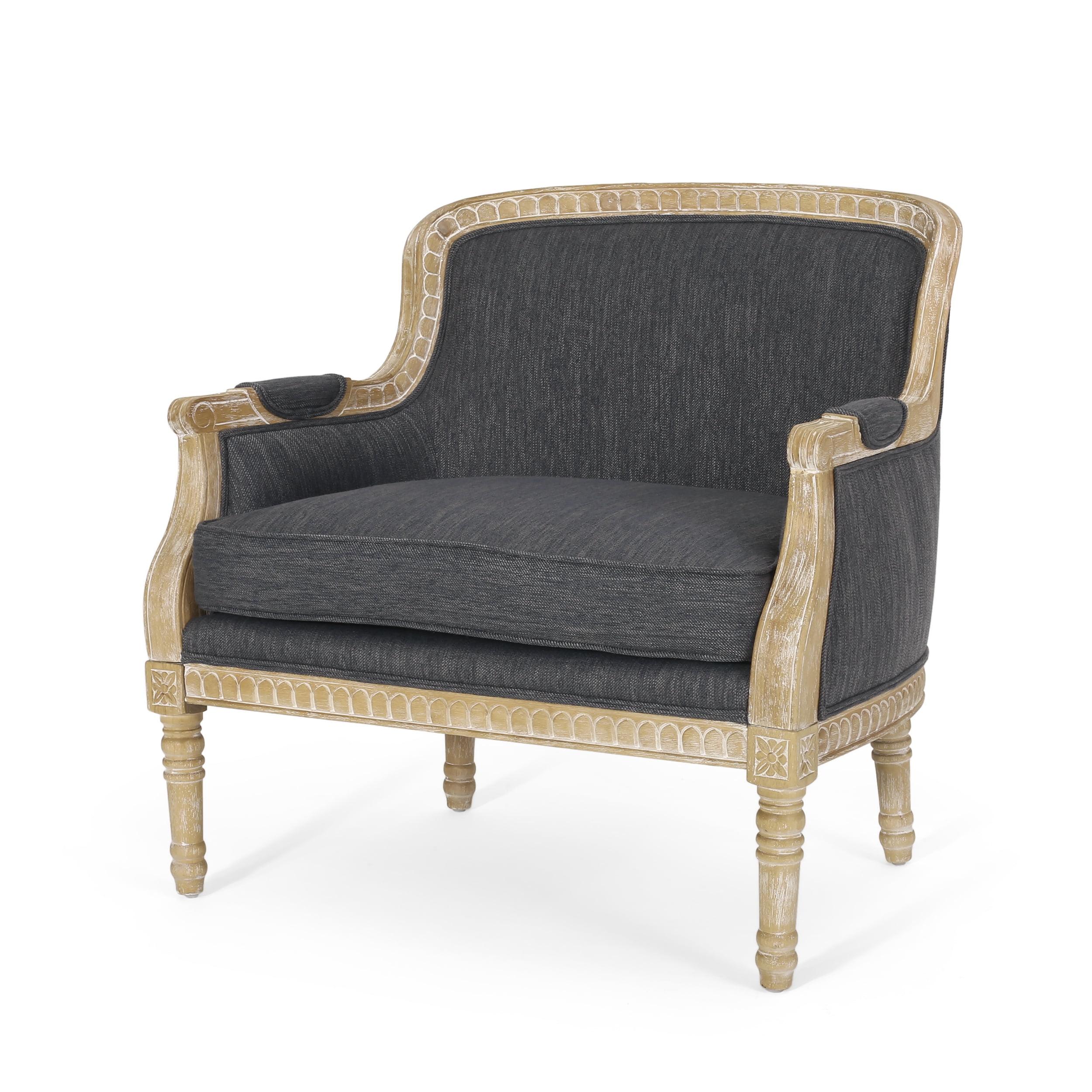 Charcoal Gray Upholstered Club Chair with Natural Wood Frame