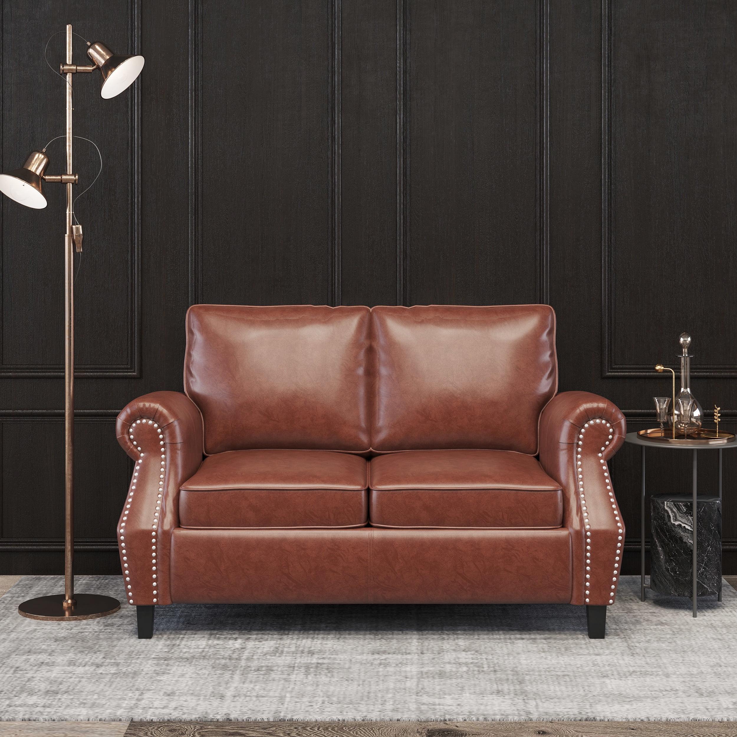 Cognac Brown Faux Leather Loveseat with Nailhead Trim