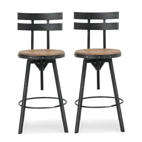 Noble House Fredell Firwood Adjustable Height Swivel Barstools, Set of 2, Antique and Black Brushed Silver