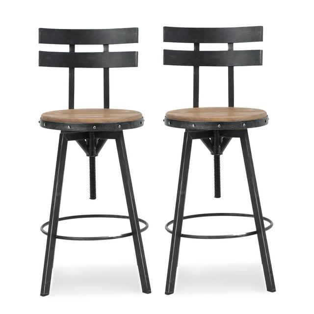 Noble House Fredell Firwood Adjustable Height Swivel Barstools, Set of 2, Antique and Black Brushed Silver