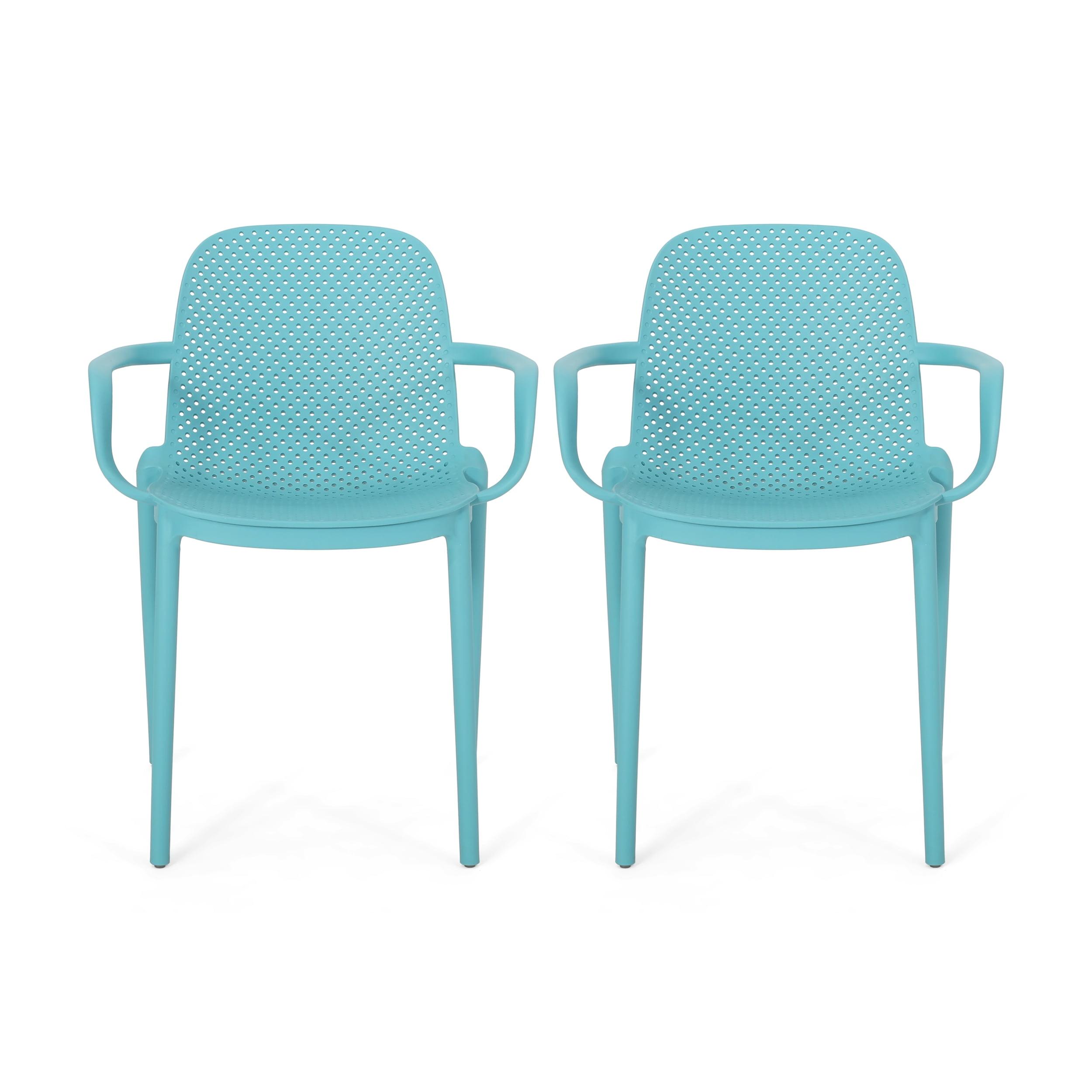 Noble House Gardenia Plastic Stacking Patio Dining Arm Chair in Teal (Set of 2)