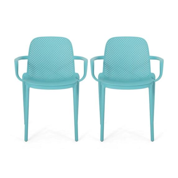 Noble House Gardenia Plastic Stacking Patio Dining Arm Chair in Teal (Set of 2)