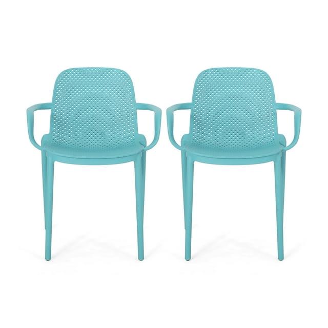 Noble House Gardenia Plastic Stacking Patio Dining Arm Chair in Teal (Set of 2)