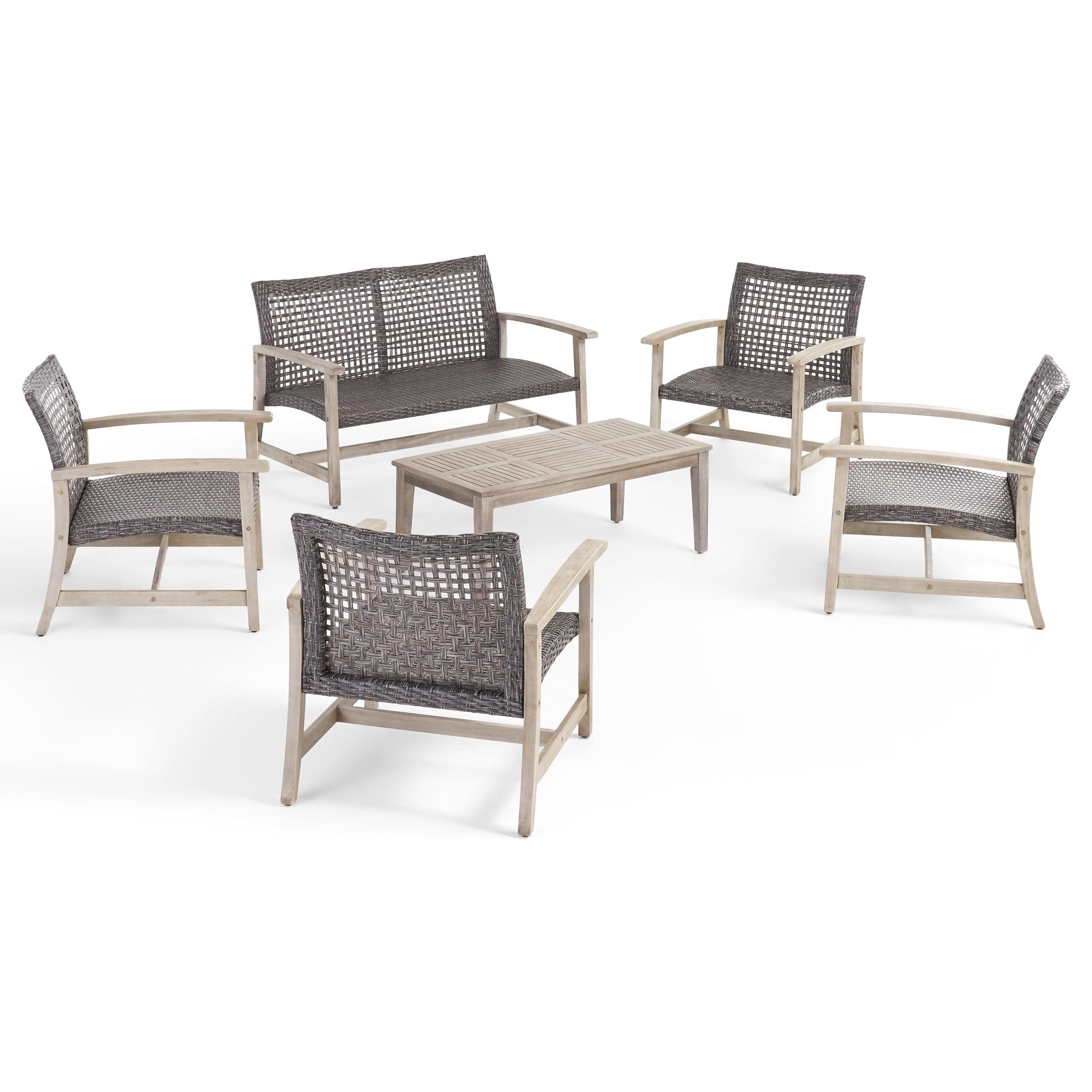 Noble House Hampton 6 Piece Outdoor Wood and Wicker Loveseat Set in Black