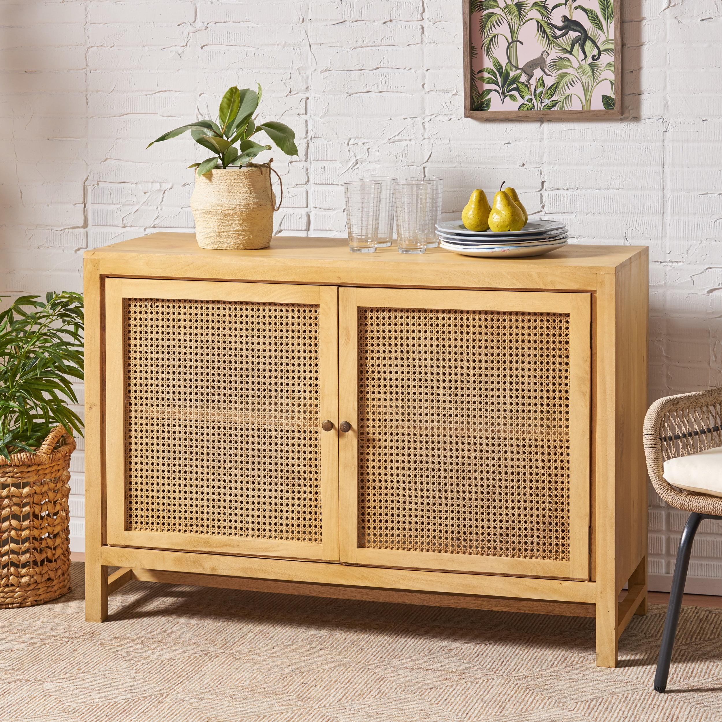 Boho Natural Brown Mango Wood Cabinet with Wicker Caning