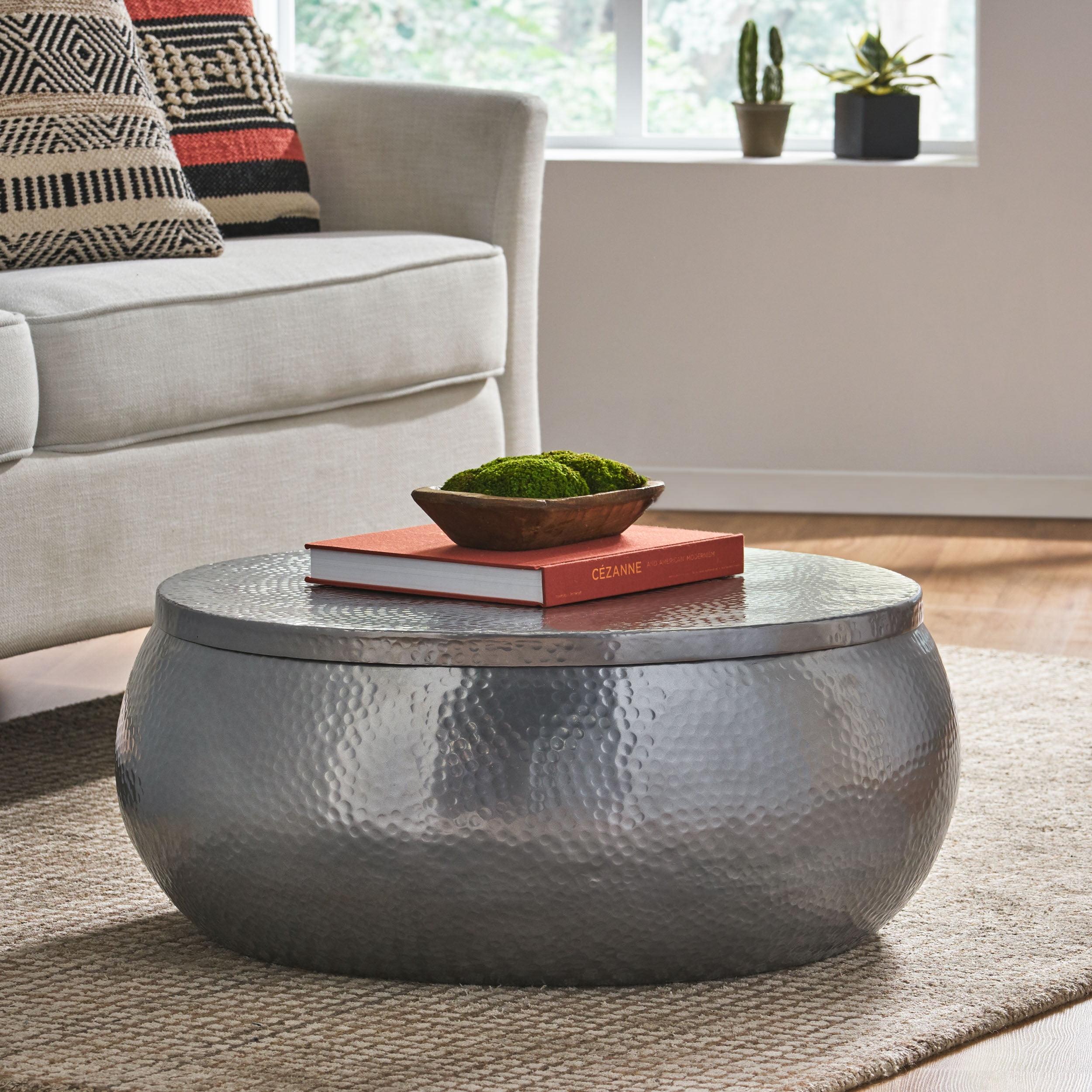 Round Nickel Textured Aluminum Drum Coffee Table