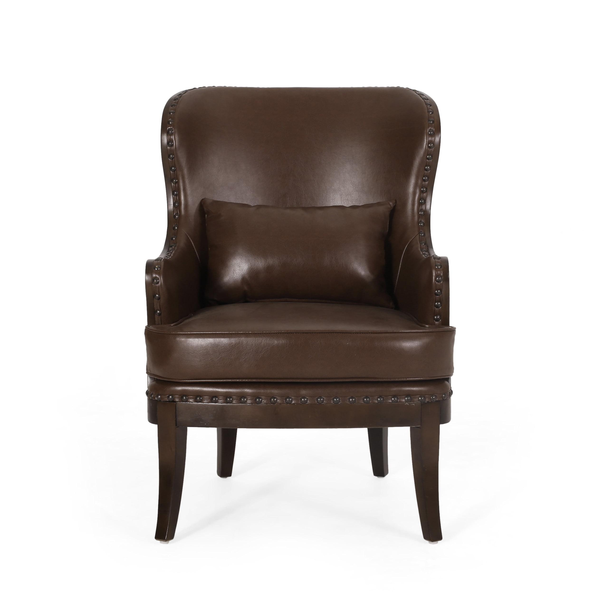 Handcrafted Dark Brown Faux Leather Square Arm Accent Chair