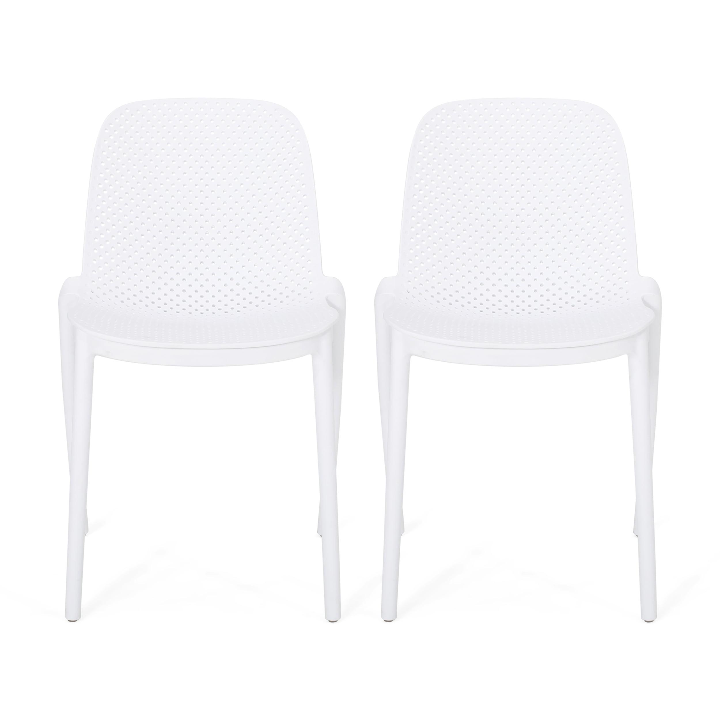 White Plastic Armless Stackable Dining Chairs, Set of 2