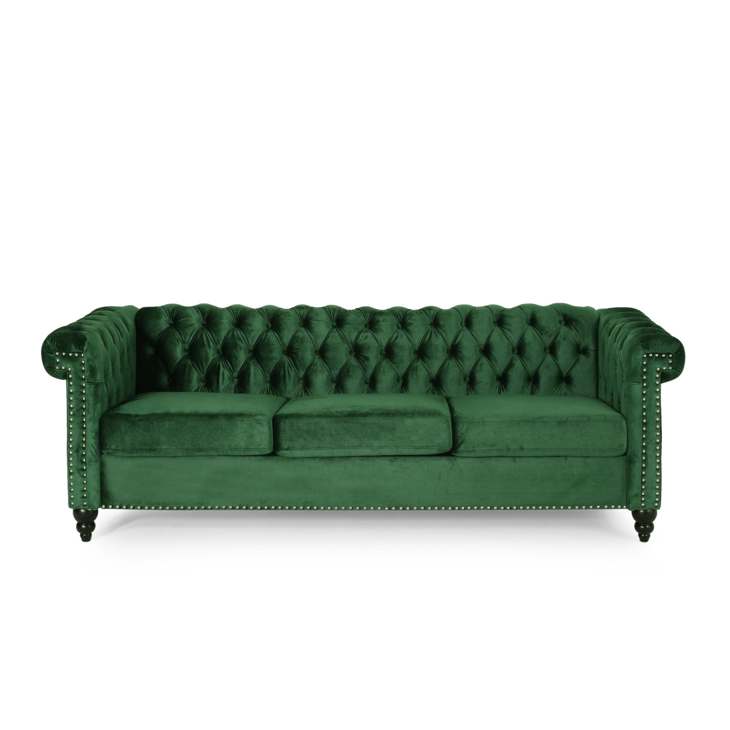 Elegant Emerald Velvet Tufted Chesterfield Sofa with Nailhead Accents