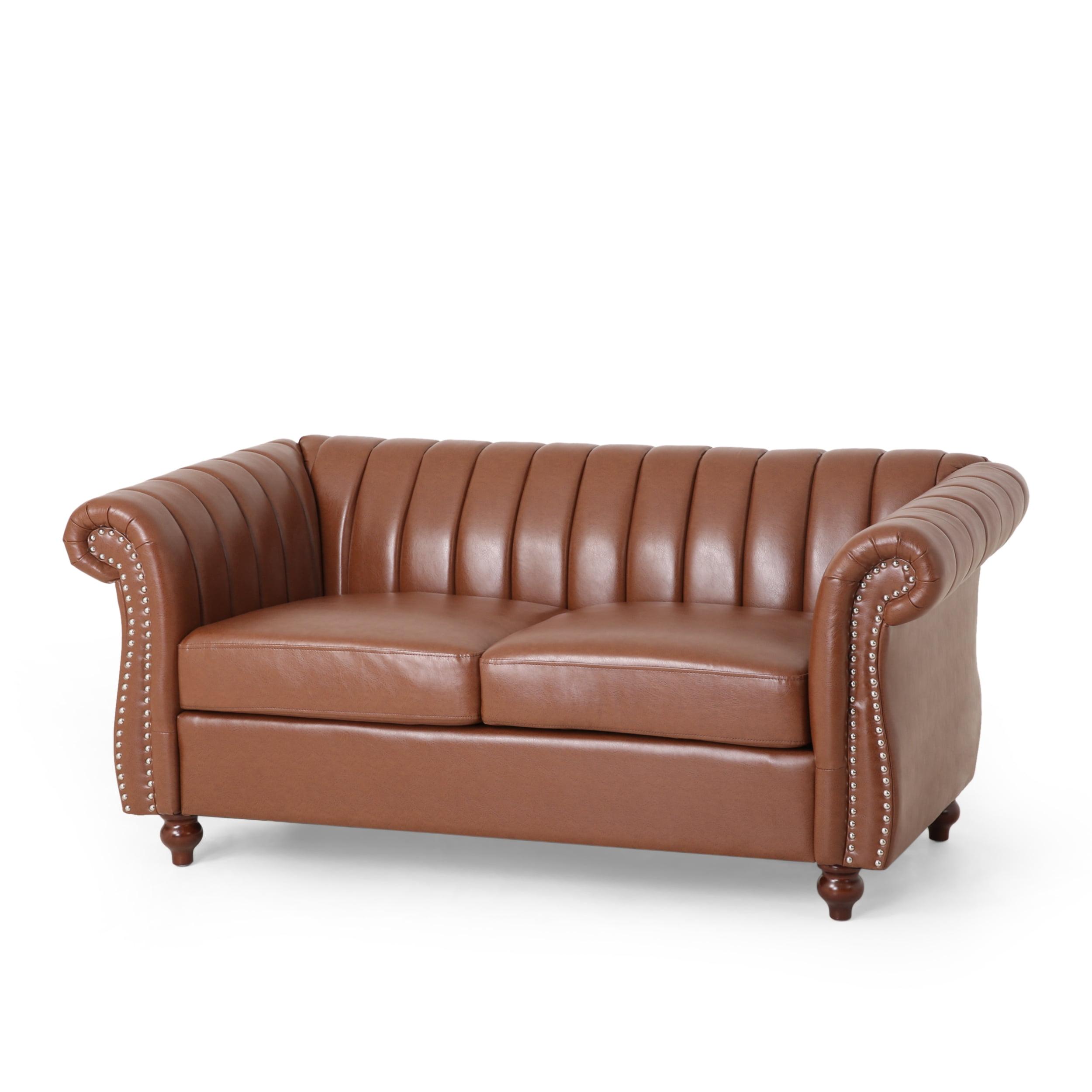 Cognac Brown Faux Leather Loveseat with Espresso Wood Accents