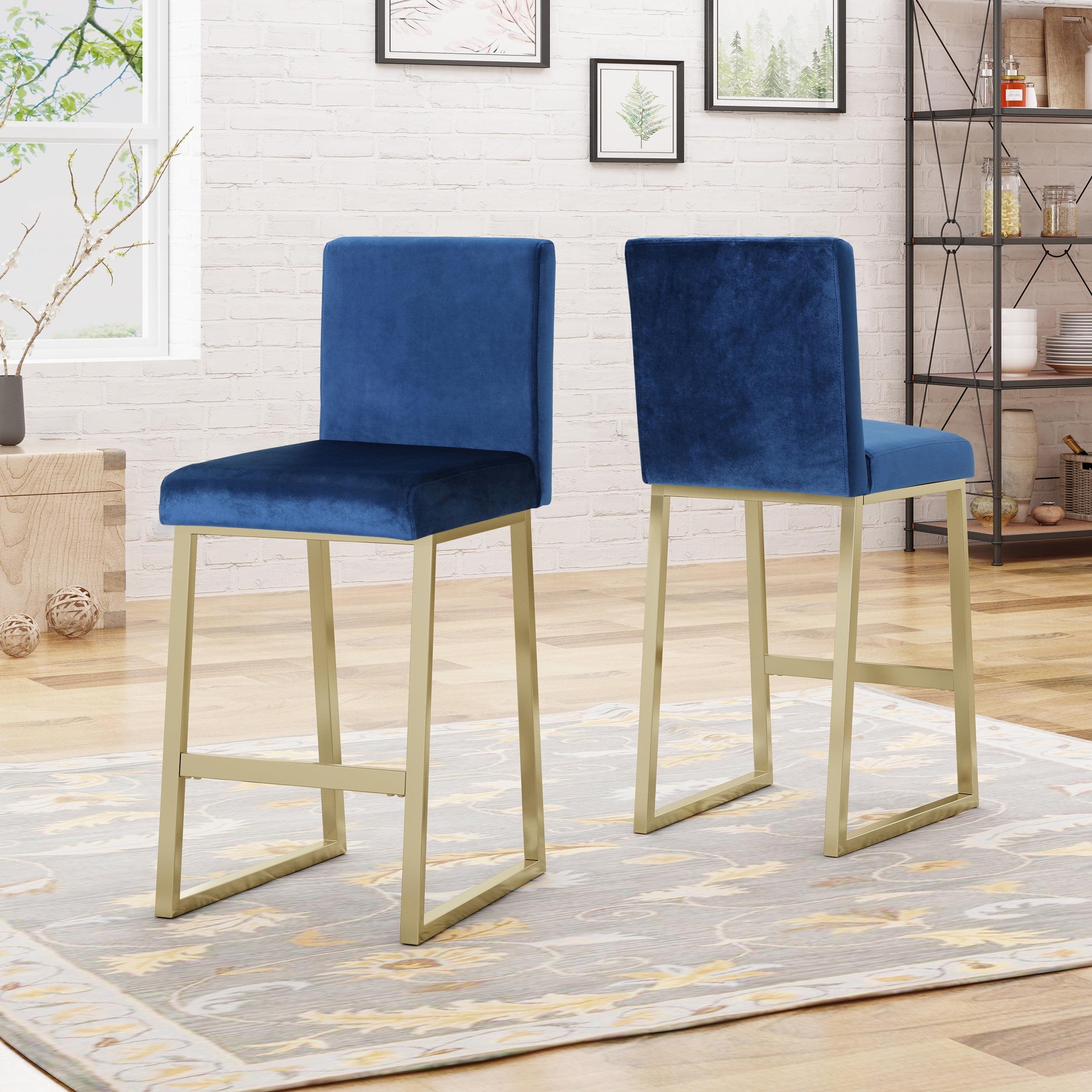 Modern Navy Blue Velvet Counter Height Barstools, Set of 2