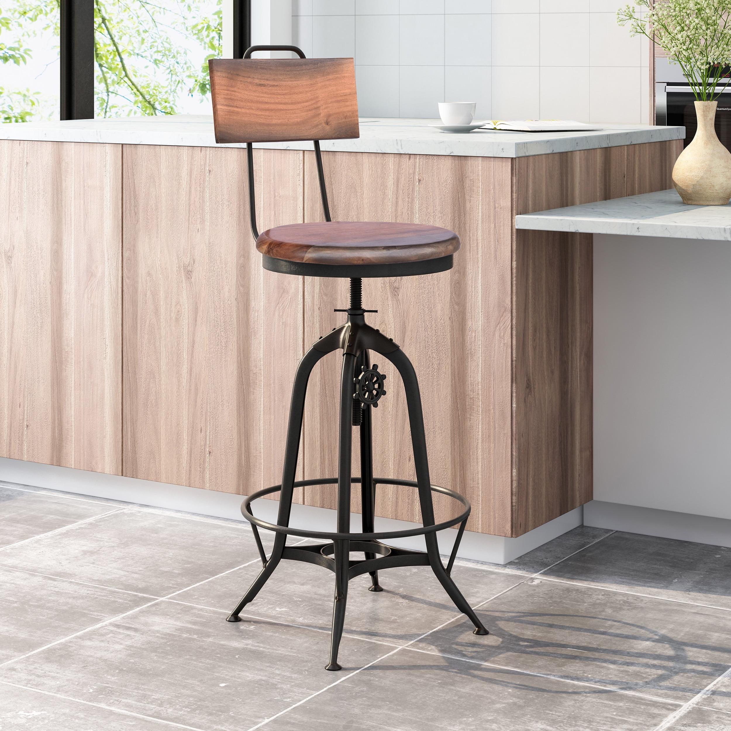 Adjustable Swivel Acacia Wood and Metal Barstool in Black