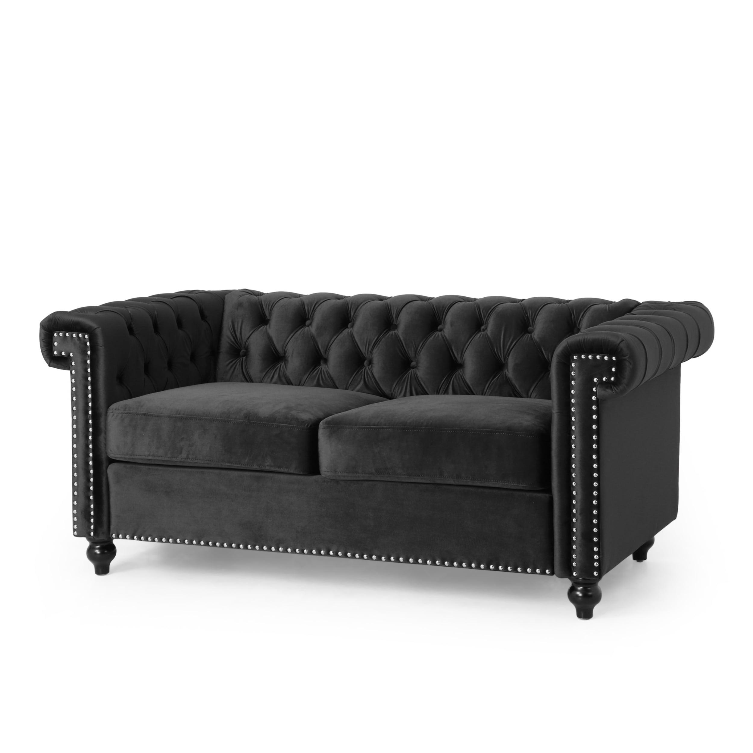 Elegant Black Velvet Tufted Loveseat with Nailhead Accents and Wood Frame
