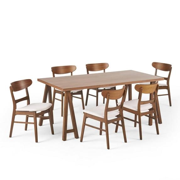 Noble House Lydia Mid-Century Modern 7 Piece Dining Set, Light Beige and Walnut