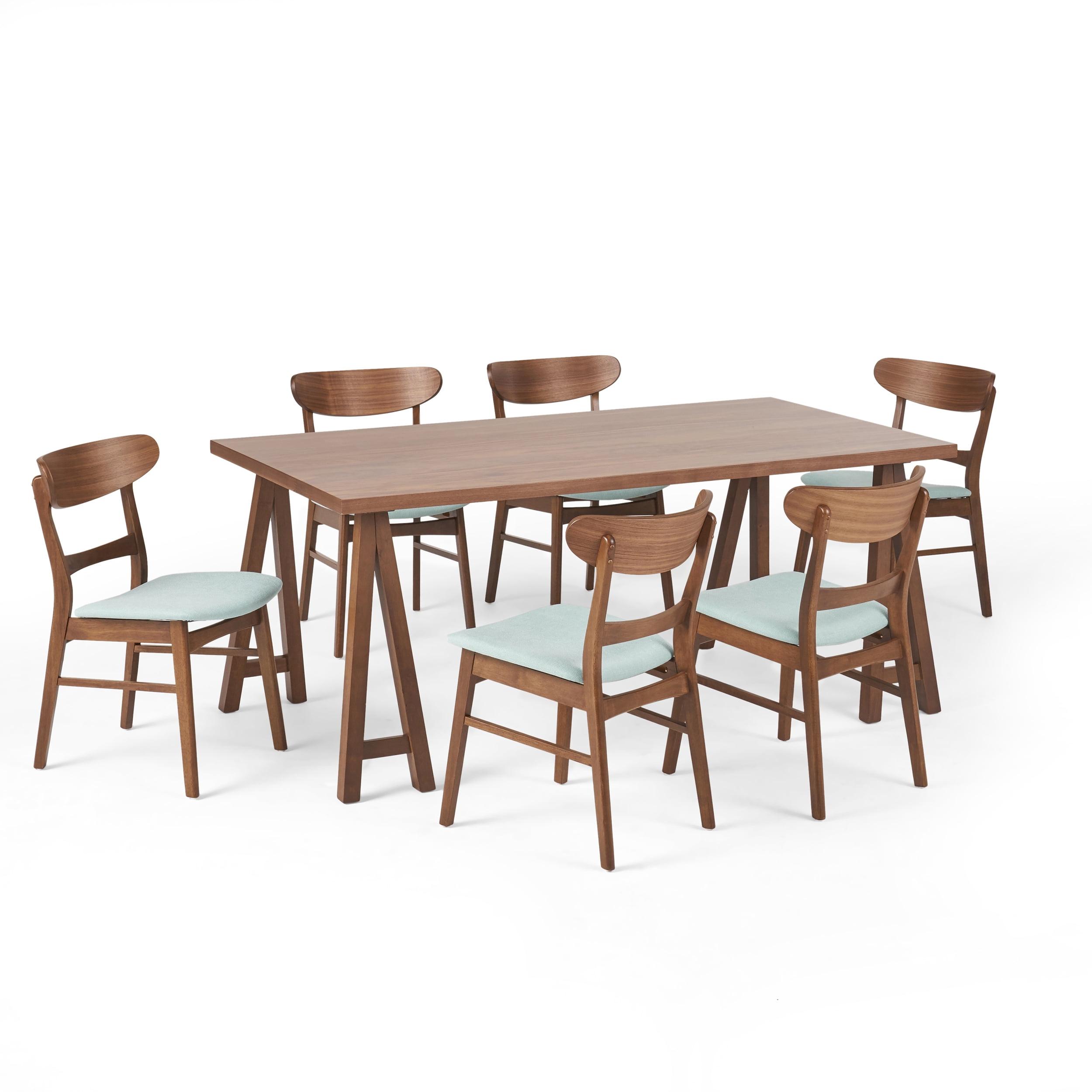 Noble House Lydia Mid-Century Modern 7 Piece Dining Set, Mint and Walnut