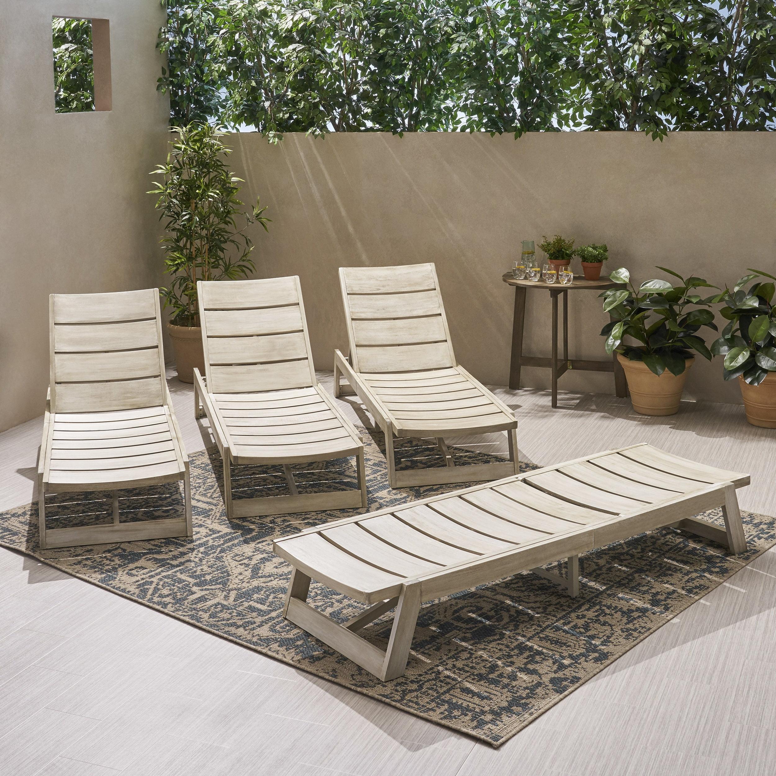 Light Gray Wash Acacia Wood Outdoor Chaise Lounge Set