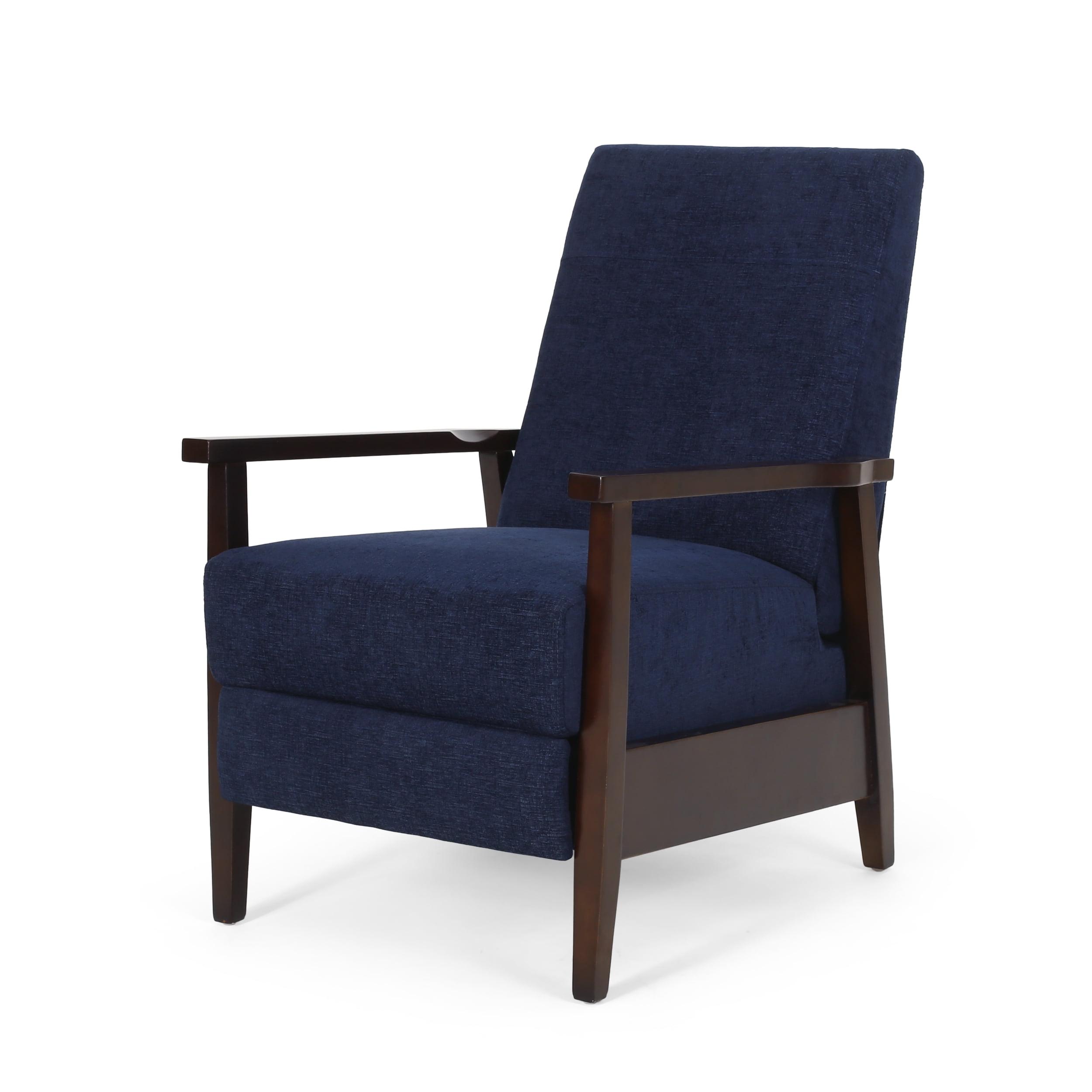 Navy Blue and Chocolate Brown Polyester Club Recliner with Wood Frame