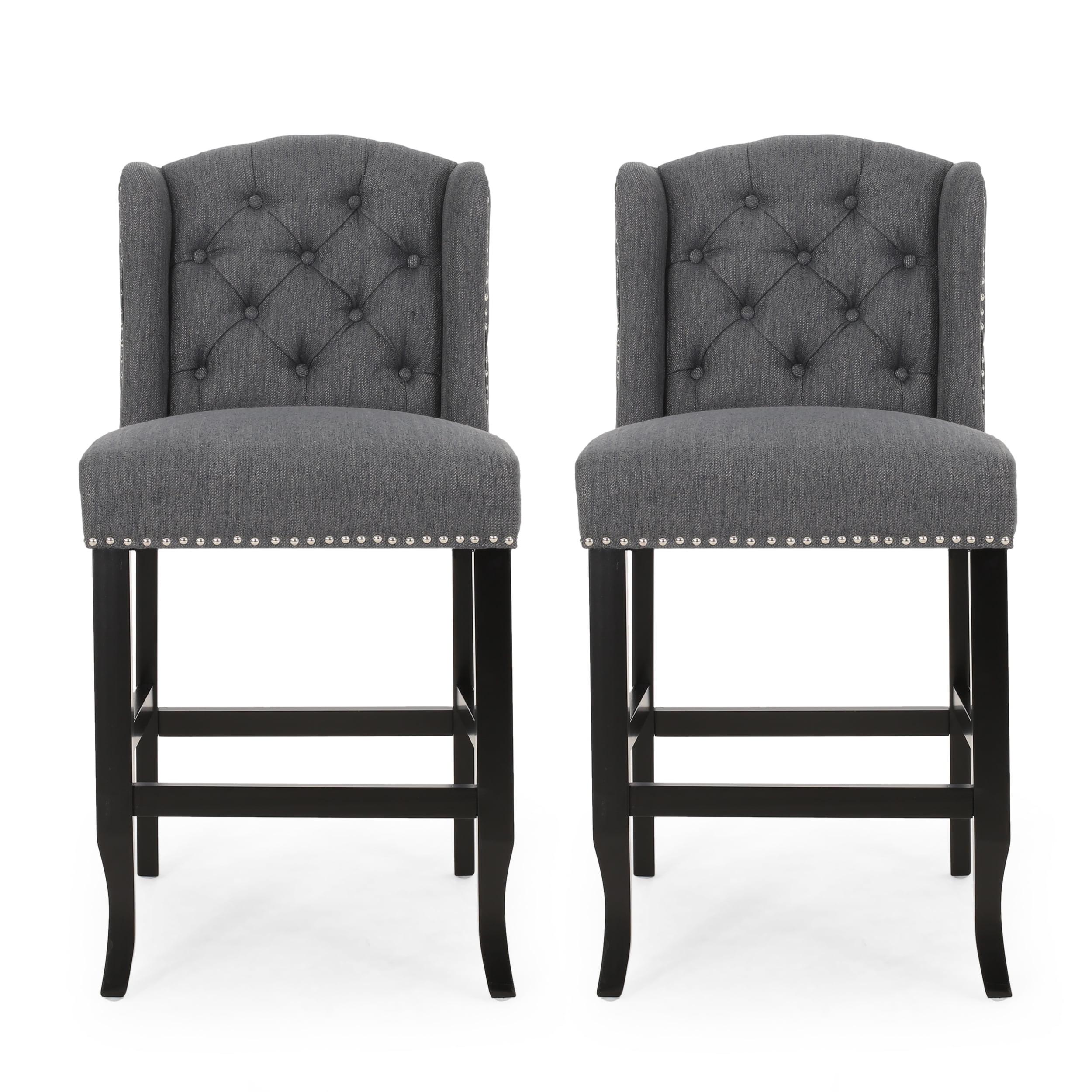 Elegant Charcoal Polyester Wingback Counter Stool Set, Dark Brown Wood