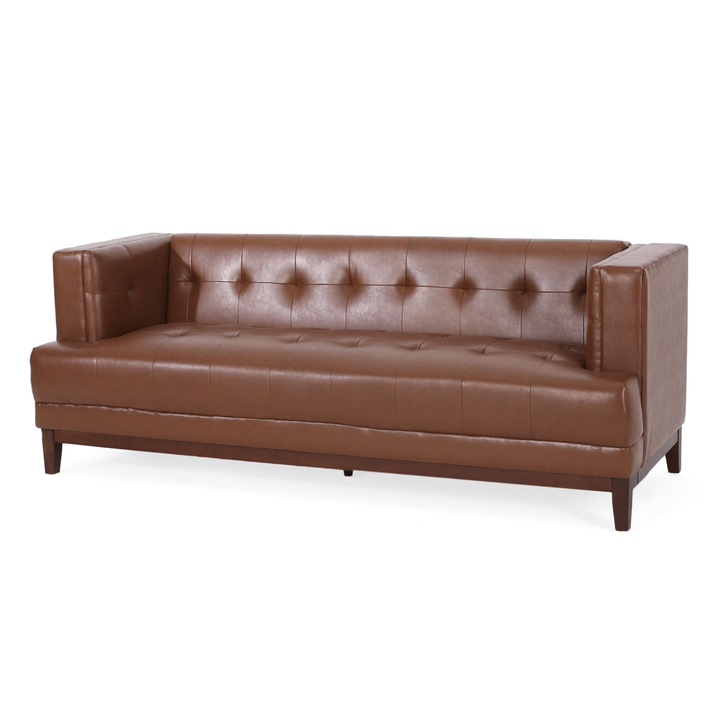 Cognac Brown Faux Leather Tufted Lawson Sofa with Wood Frame