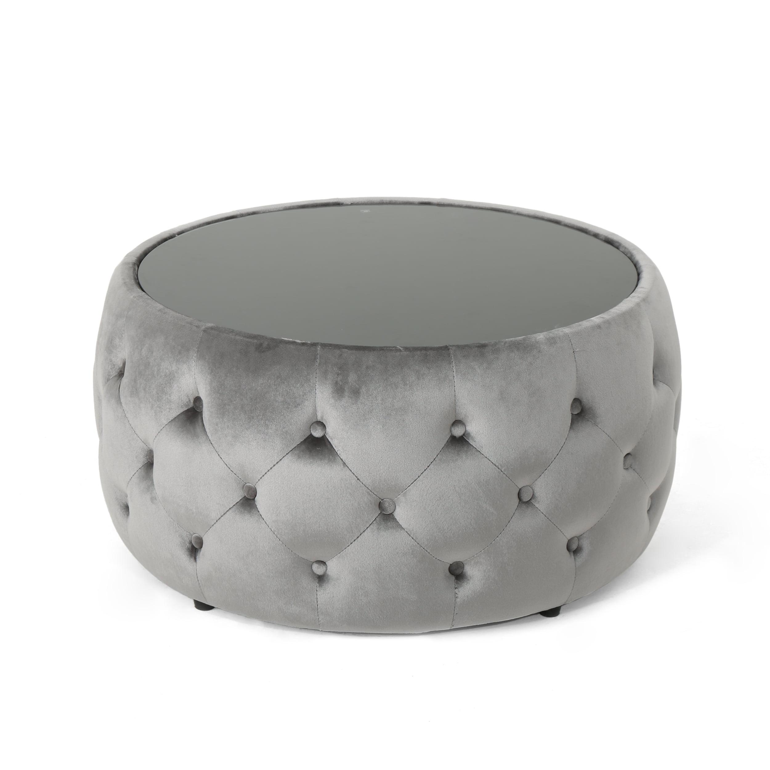 Noble House Merna Glam Velvet and Tempered Glass Ottoman Coffee Table, Smoke