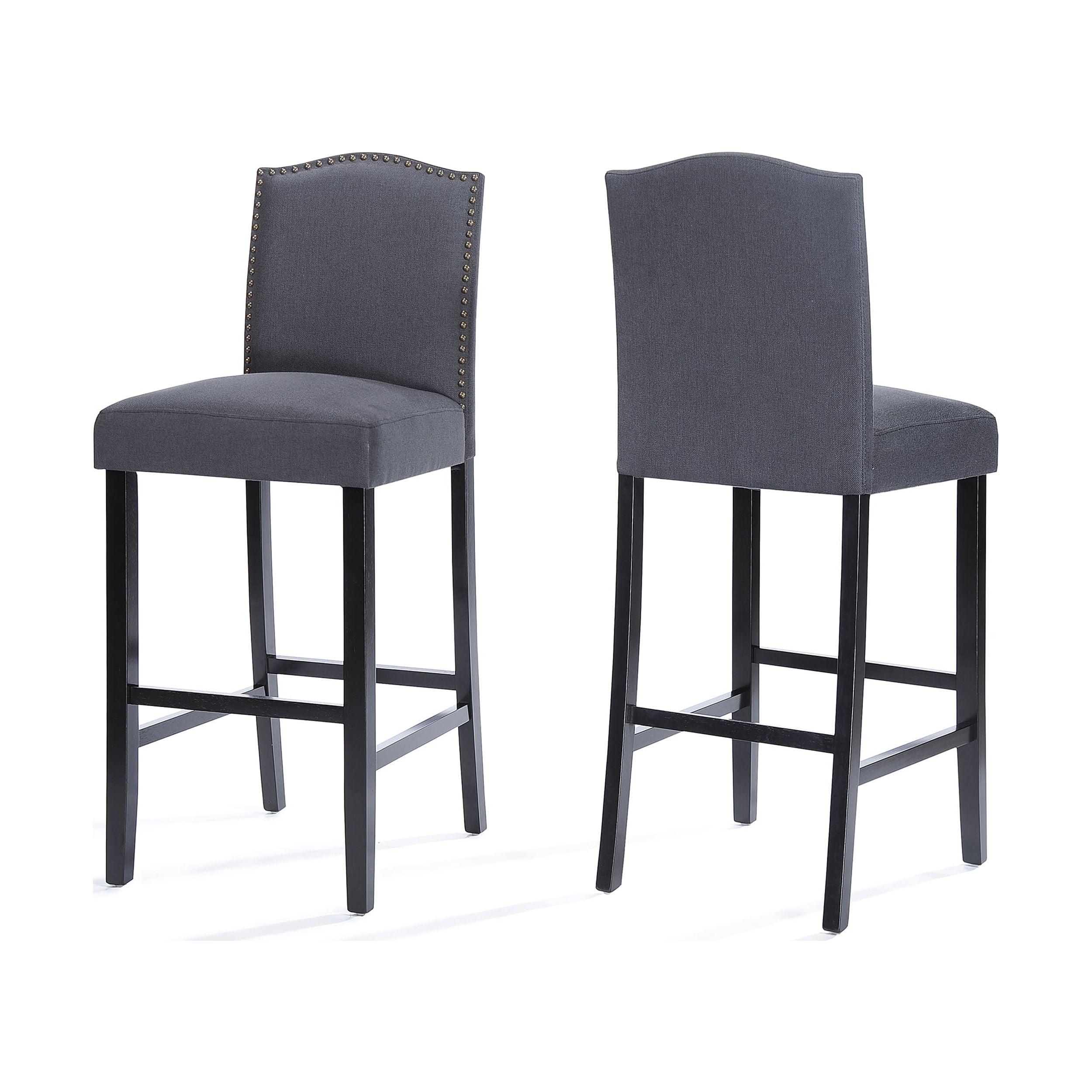 Noble House Merritt Fabric Upholstered Barstool with Nailhead Trim, Set of 2, Dark Charcoal and Walnut