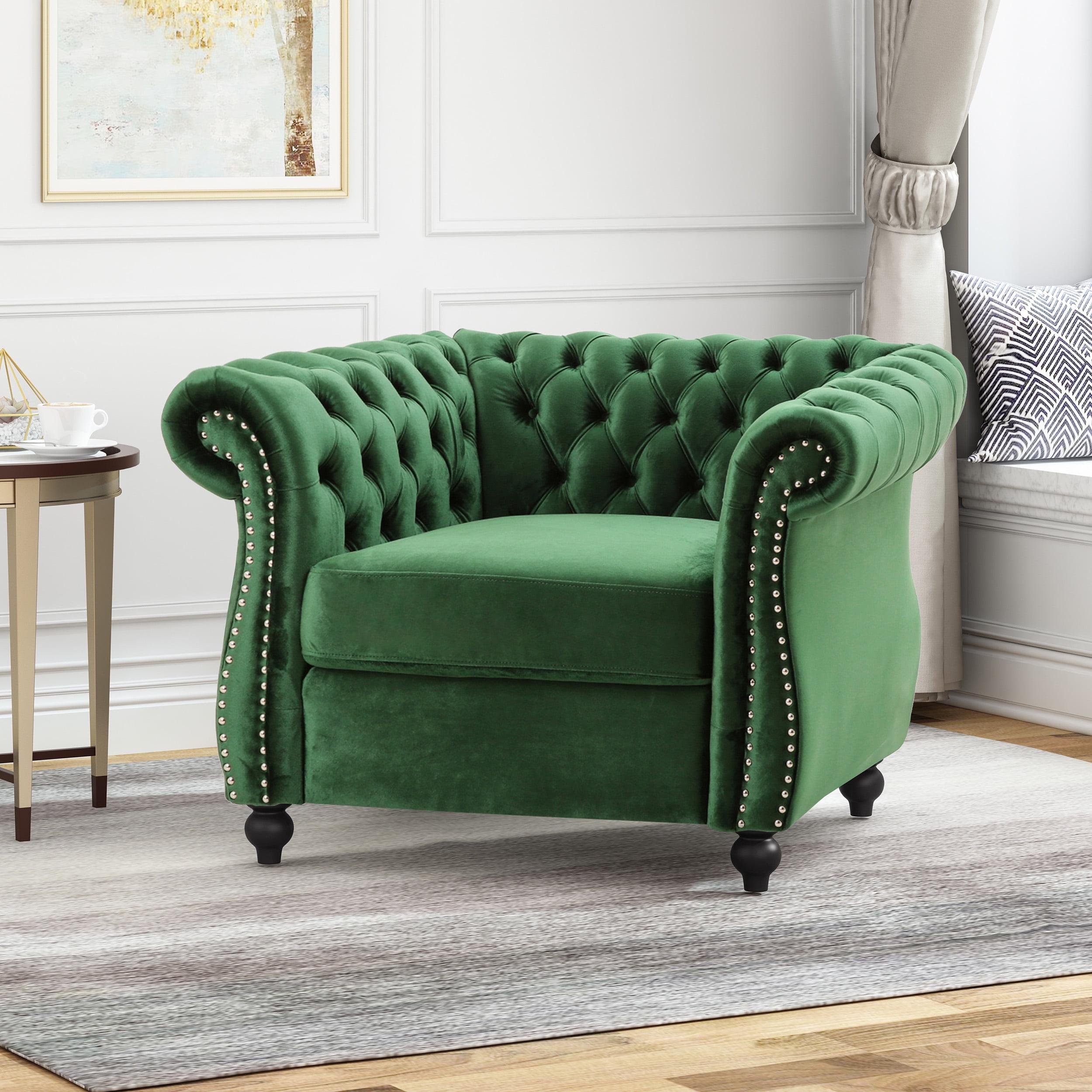 Emerald Velvet Chesterfield Accent Chair with Birch Wood Legs