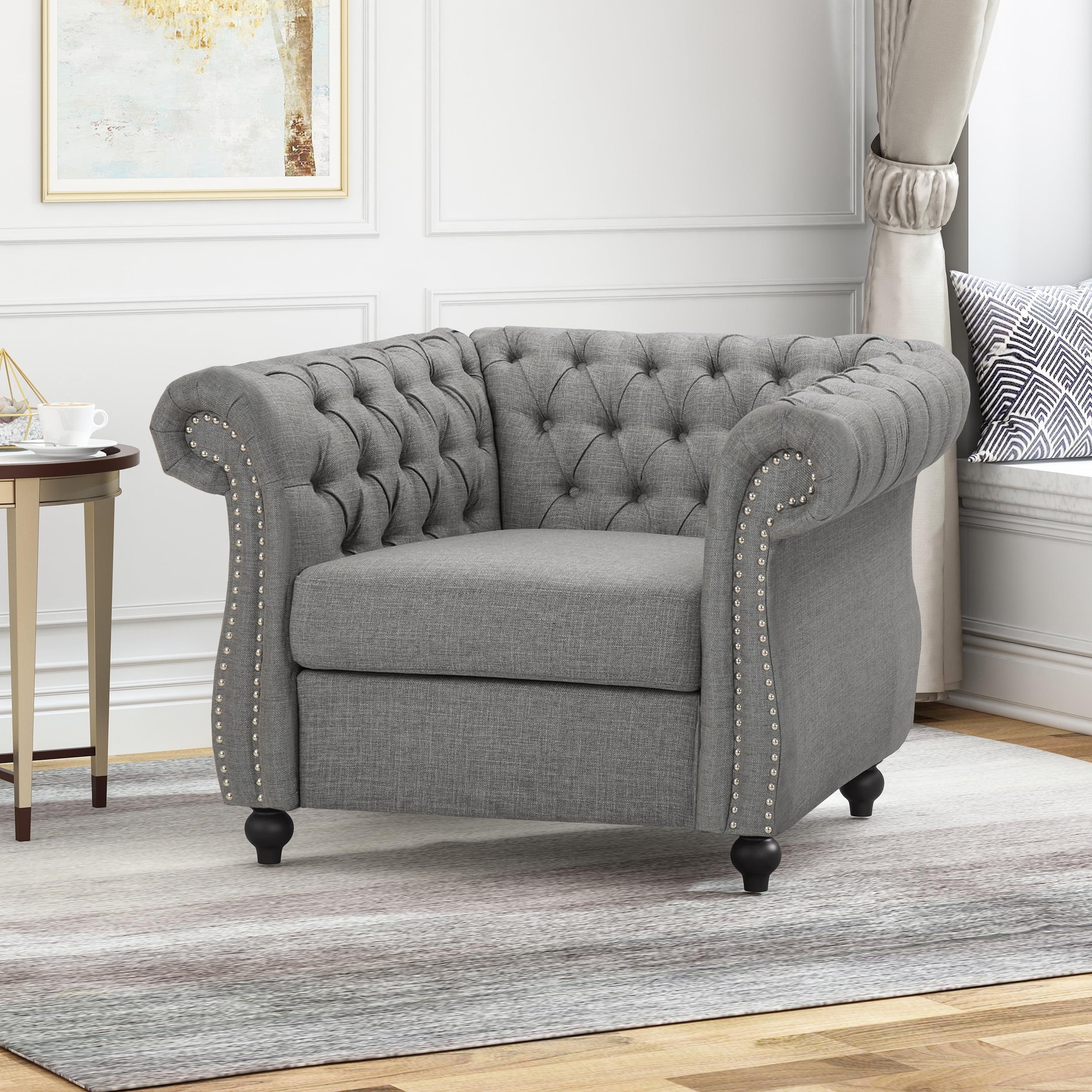 Dark Gray Velvet Chesterfield Accent Chair with Birch Wood Legs