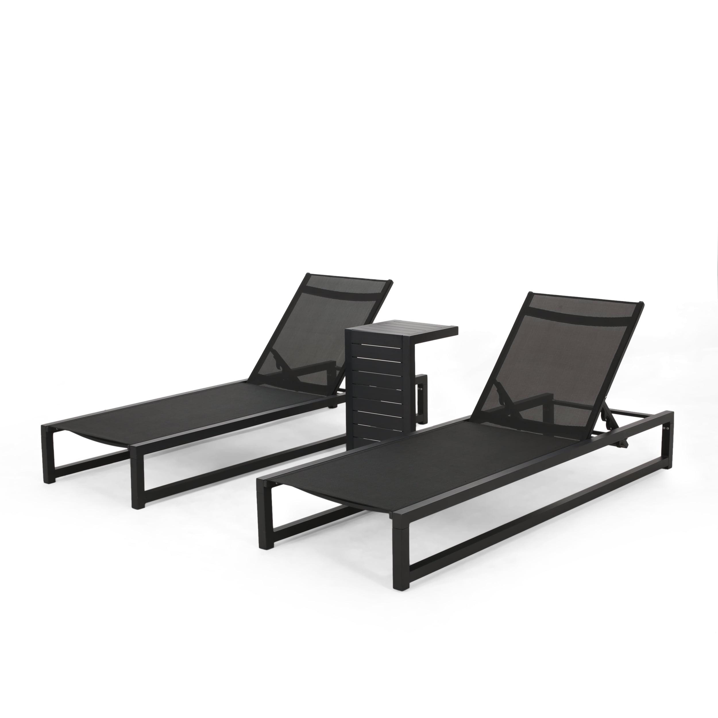 Black Aluminum 2-Person Outdoor Chaise Lounge Set with C-Shaped Table