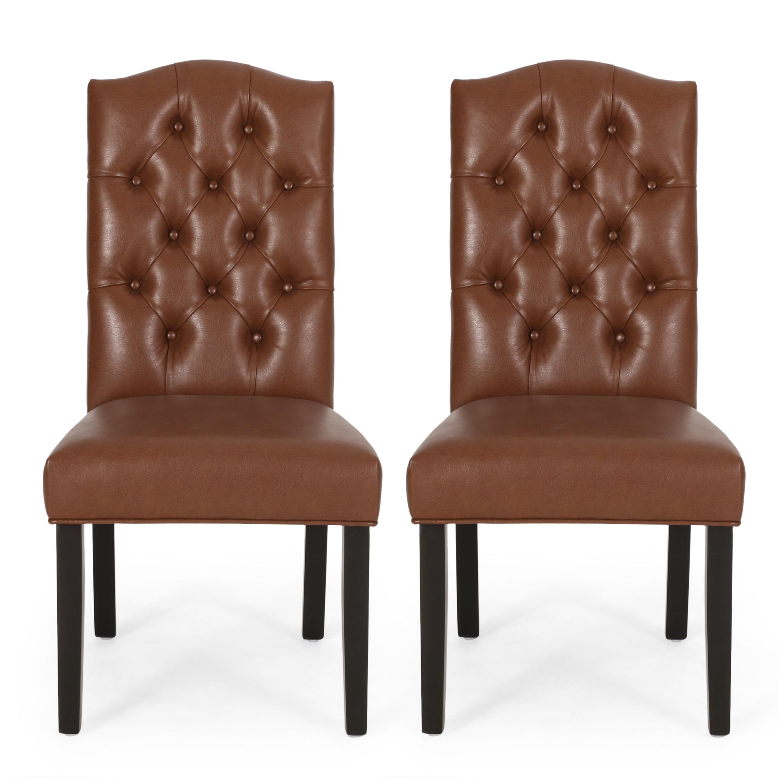 Set of 2 Cognac Brown Faux Leather High-Back Wood Dining Chairs