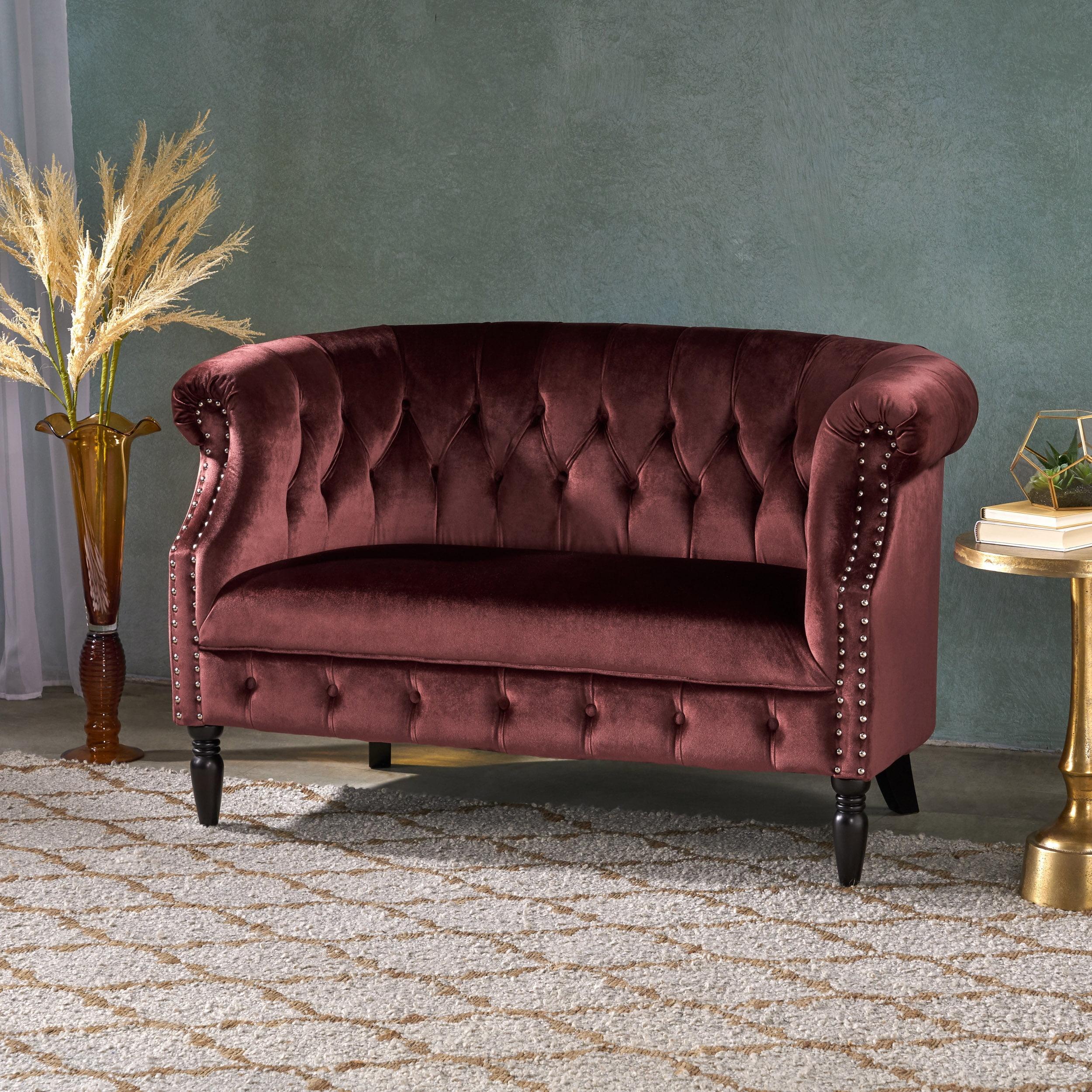 Noble House Myrna Tufted Chesterfield Velvet Loveseat, Garnet