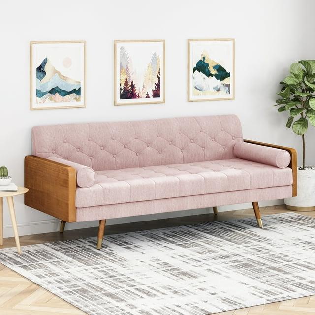Noble House Nathanial Tufted Fabric Sofa, Light Blush and Dark Walnut